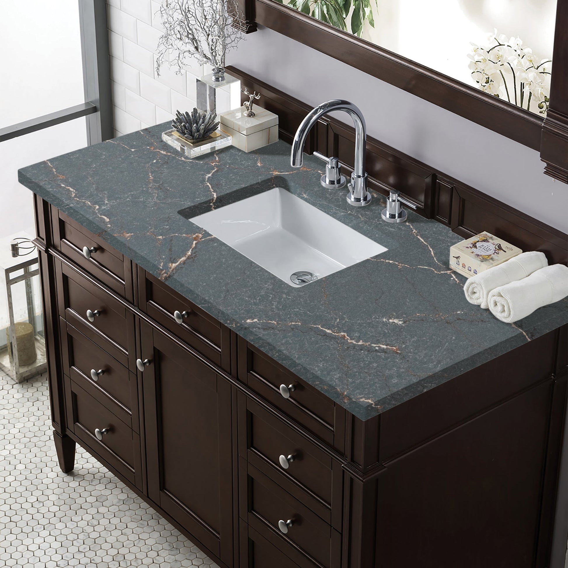 James Martin Vanities Brittany 48" Burnished Mahogany Single Vanity With 3 cm Parisien Bleu Quartz Top