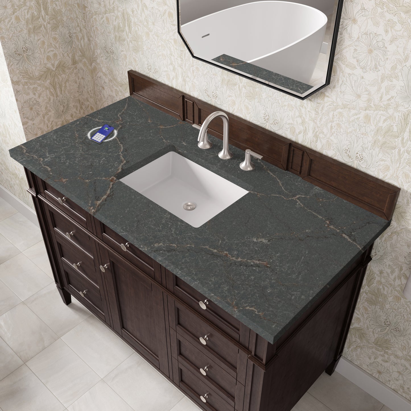 James Martin Vanities Brittany 48" Burnished Mahogany Single Vanity With 3 cm Parisien Bleu Silestone Top and FreePower Wireless Charger