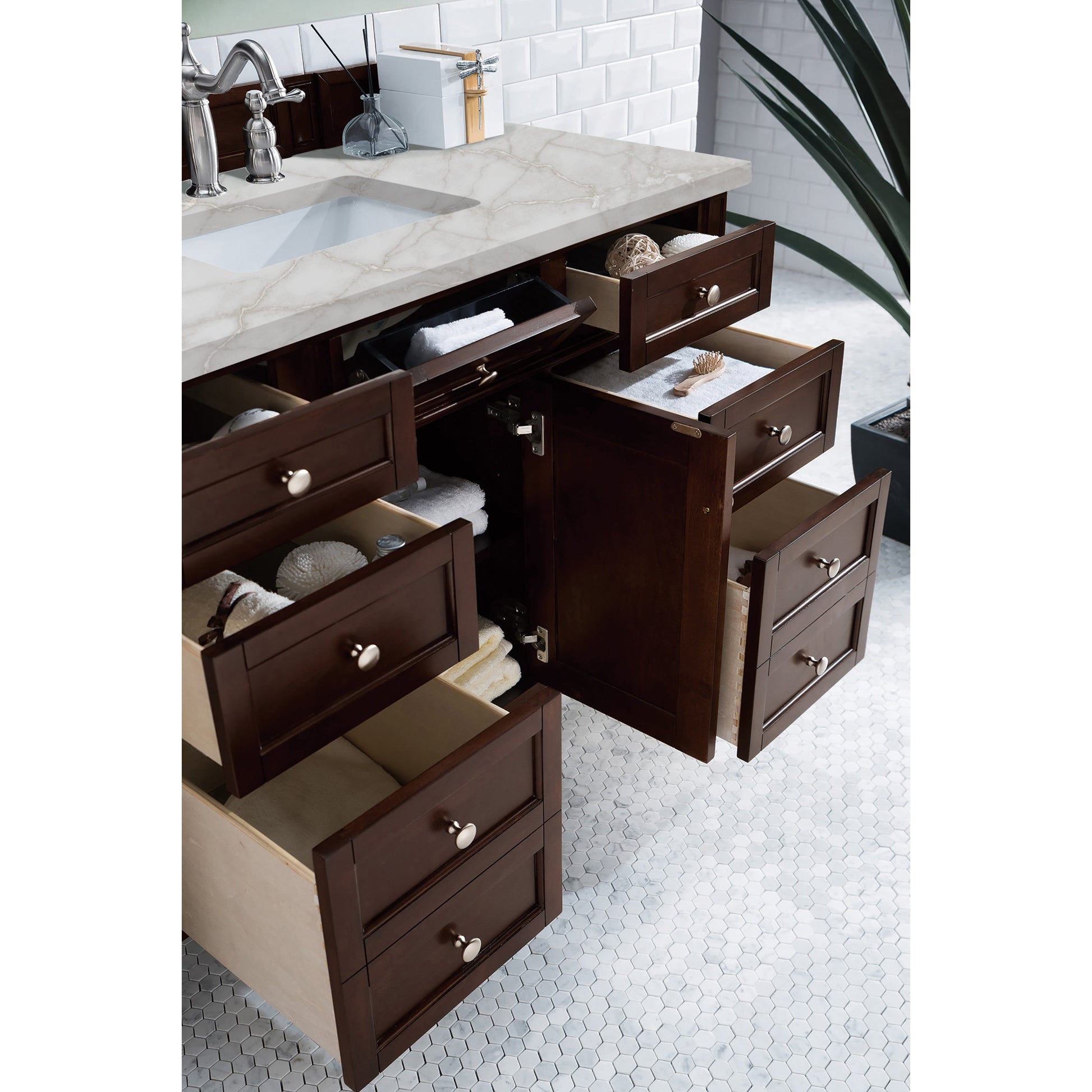 James Martin Vanities Brittany 48" Burnished Mahogany Single Vanity With 3 cm Victorian Silver Quartz Top