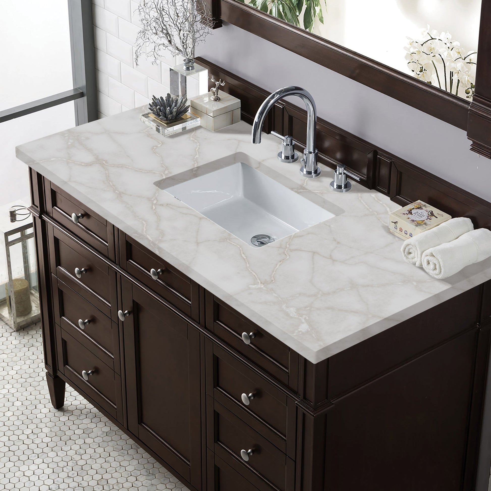 James Martin Vanities Brittany 48" Burnished Mahogany Single Vanity With 3 cm Victorian Silver Quartz Top