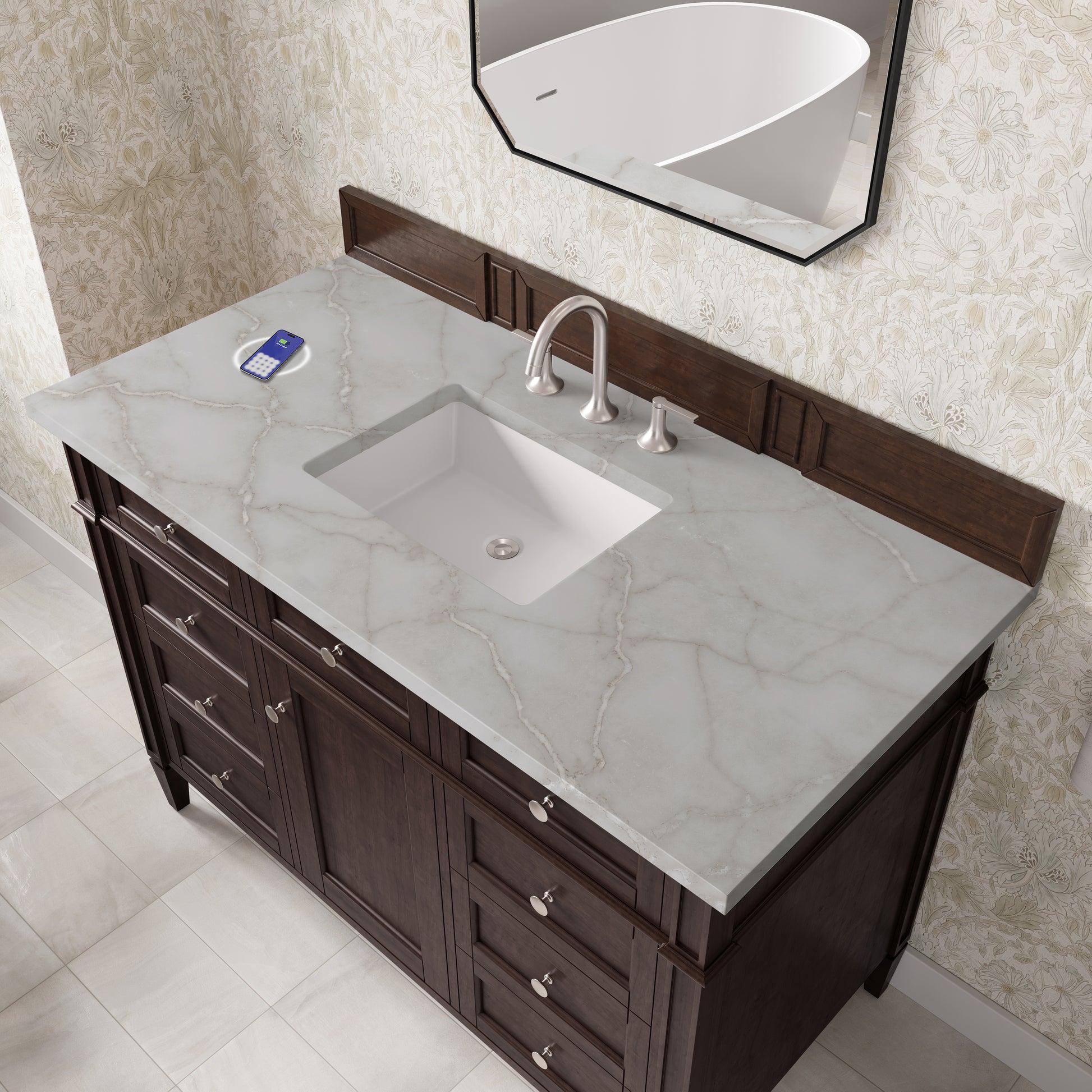 James Martin Vanities Brittany 48" Burnished Mahogany Single Vanity With 3 cm Victorian Silver Silestone Top and FreePower Wireless Charger