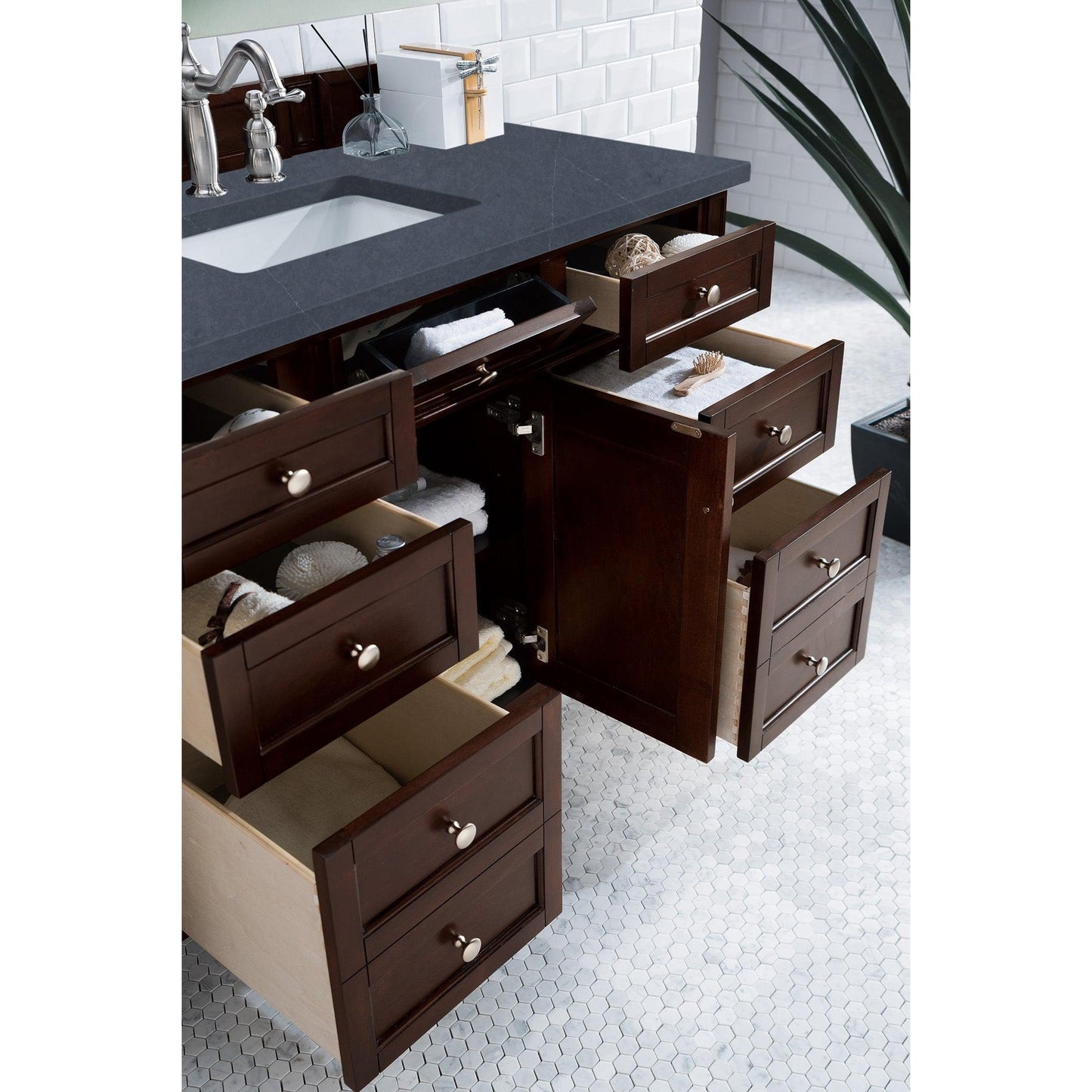 James Martin Vanities Brittany 48" Burnished Mahogany Single Vanity With 3cm Charcoal Soapstone Quartz Top