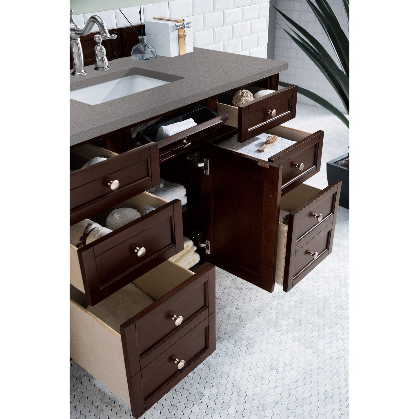 James Martin Vanities Brittany 48" Burnished Mahogany Single Vanity With 3cm Grey Expo Quartz Top