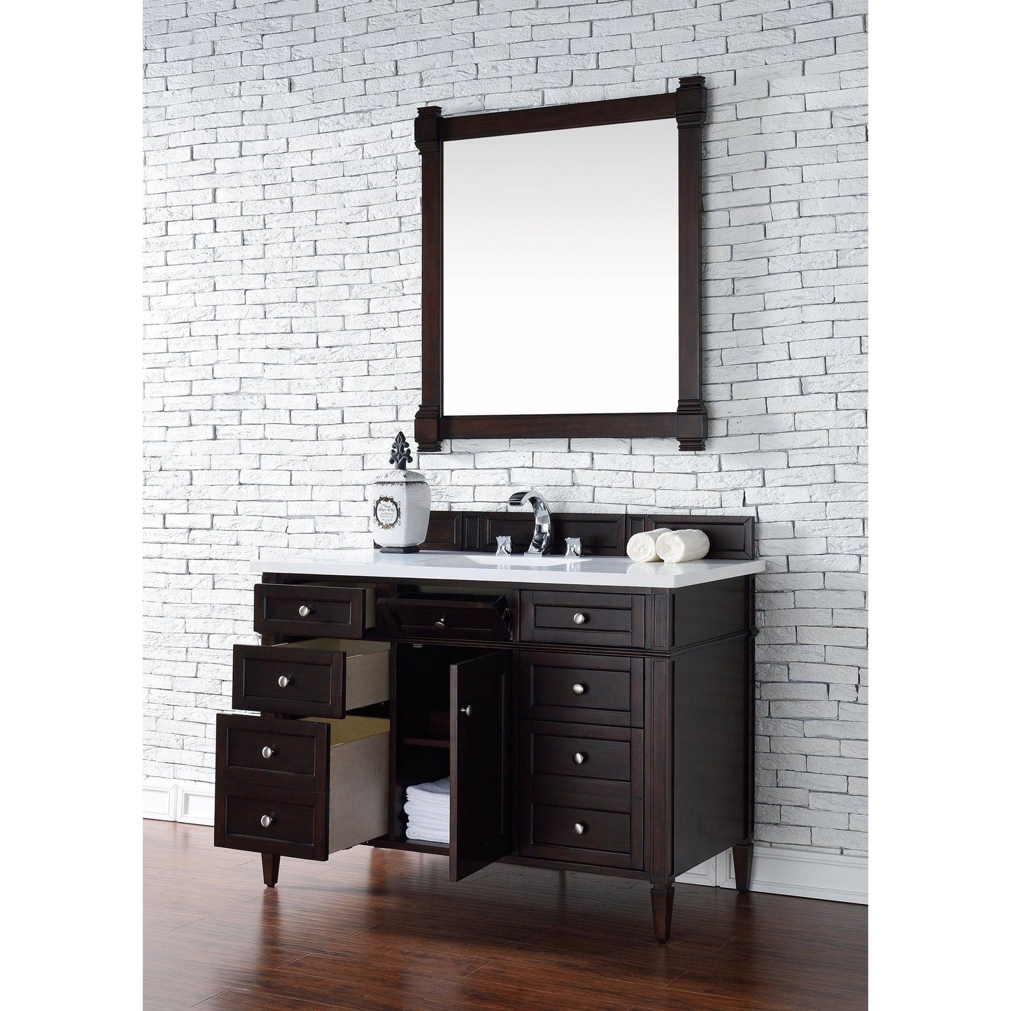 James Martin Vanities Brittany 48" Burnished Mahogany Single Vanity With 3cm White Zeus Quartz Top