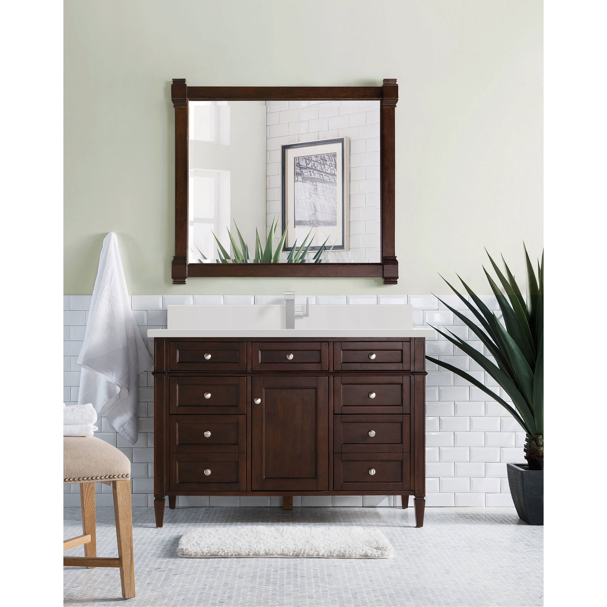 James Martin Vanities Brittany 48" Burnished Mahogany Single Vanity With Single Hole 3 cm White Zeus Quartz Top & Backsplash