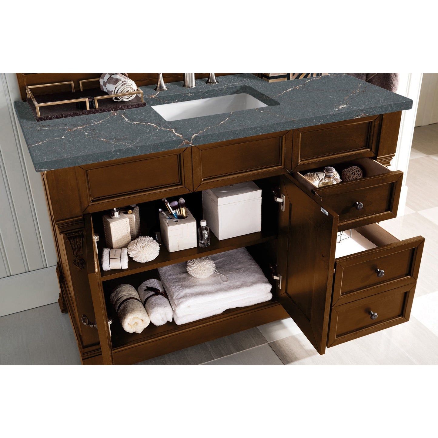 James Martin Vanities Brittany 48" Country Oak Single Vanity With 3 cm Parisien Bleu Quartz Top