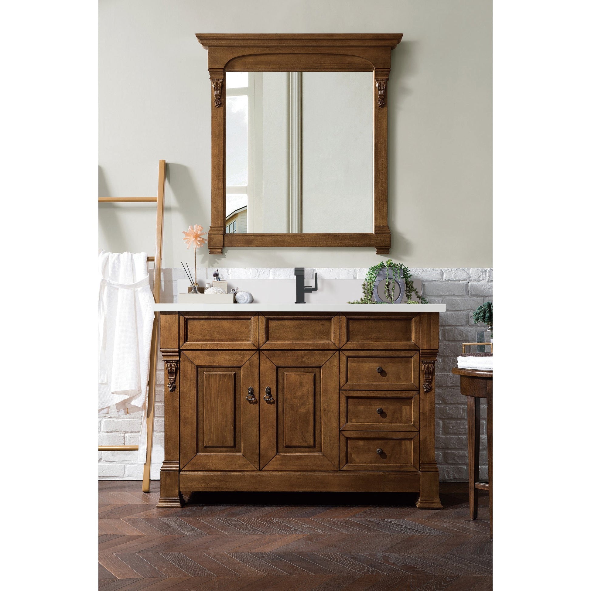 James Martin Vanities Brittany 48" Country Oak Single Vanity With Single Hole 3 cm White Zeus Quartz Top & Backsplash