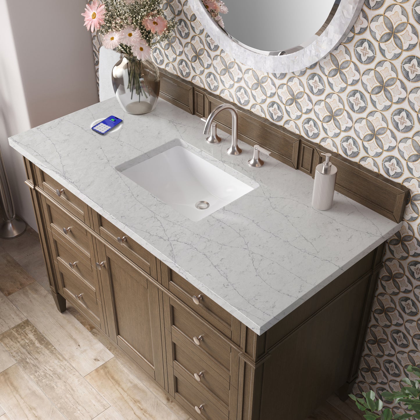 James Martin Vanities Brittany 48" Saddle Brown Single Vanity With 3 cm Eternal Jasmine Pearl Silestone Top and FreePower Wireless Charger