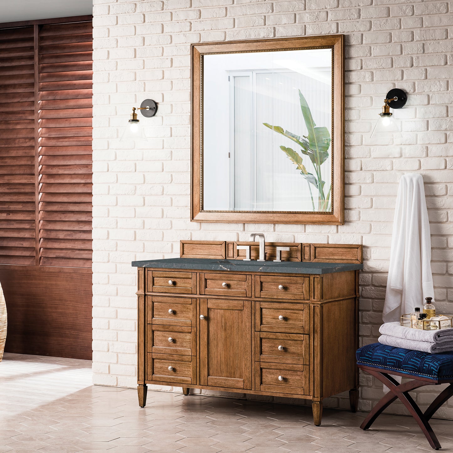 James Martin Vanities Brittany 48" Saddle Brown Single Vanity With 3 cm Parisien Bleu Silestone Top and FreePower Wireless Charger