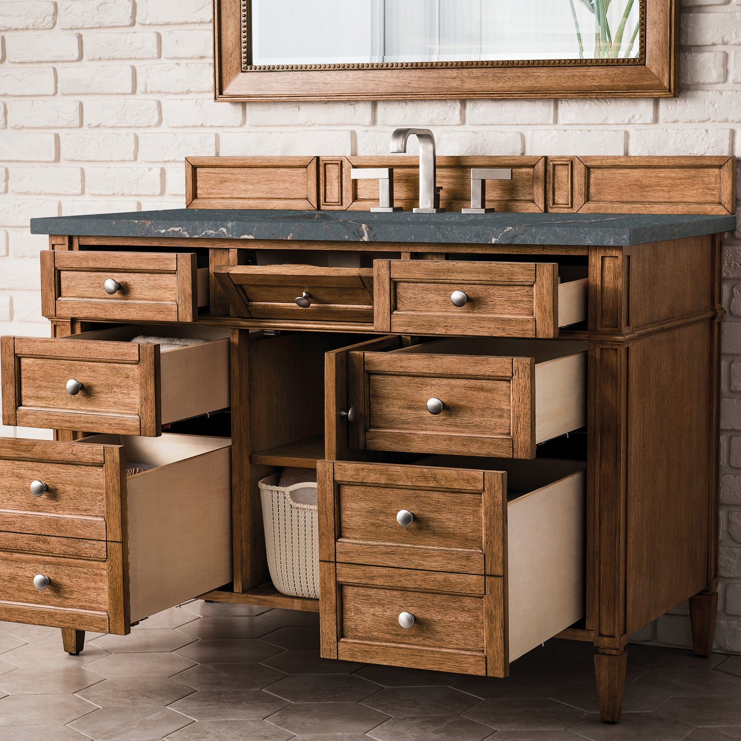 James Martin Vanities Brittany 48" Saddle Brown Single Vanity With 3 cm Parisien Bleu Silestone Top and FreePower Wireless Charger