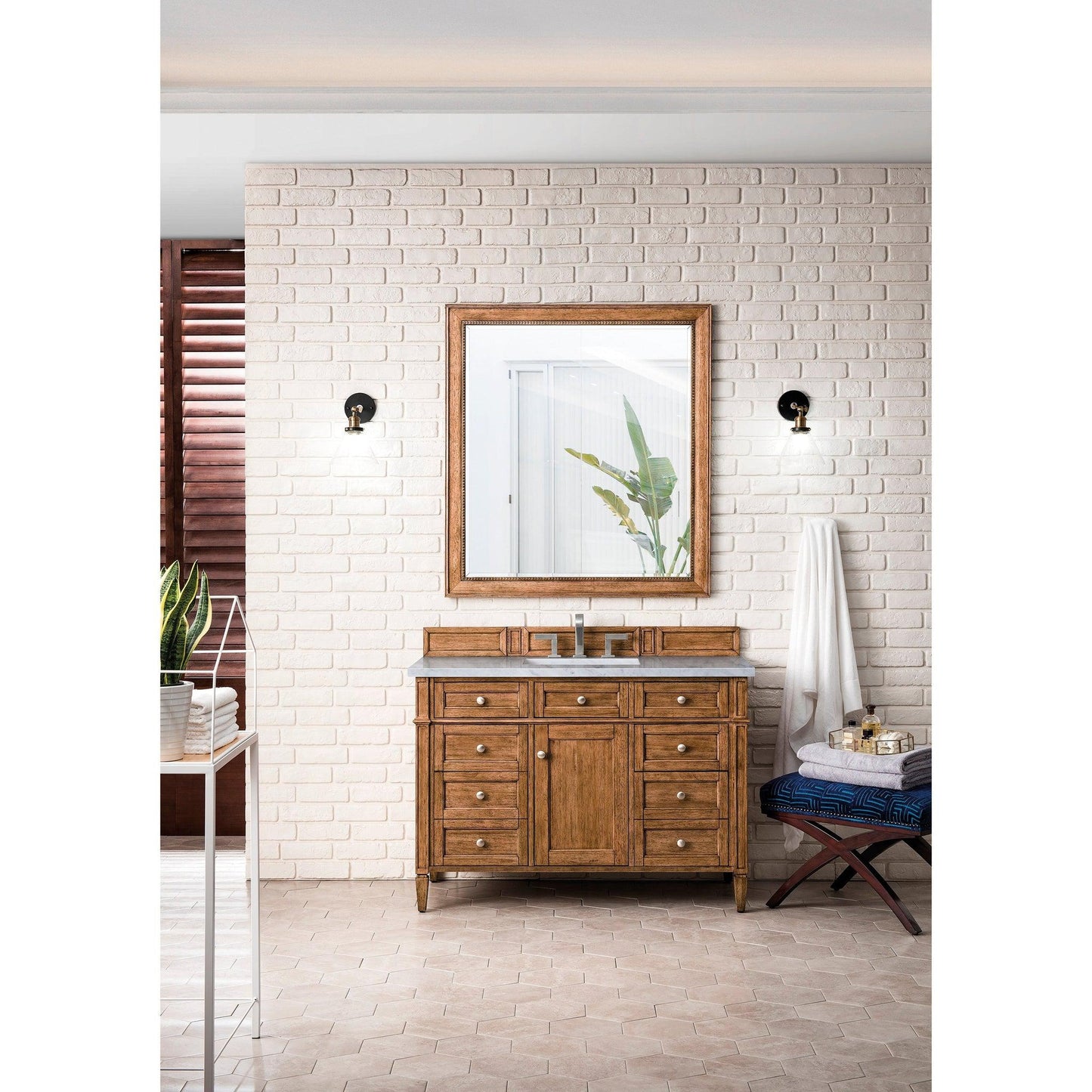 James Martin Vanities Brittany 48" Saddle Brown Single Vanity With 3cm Eternal Jasmine Pearl Quartz Top