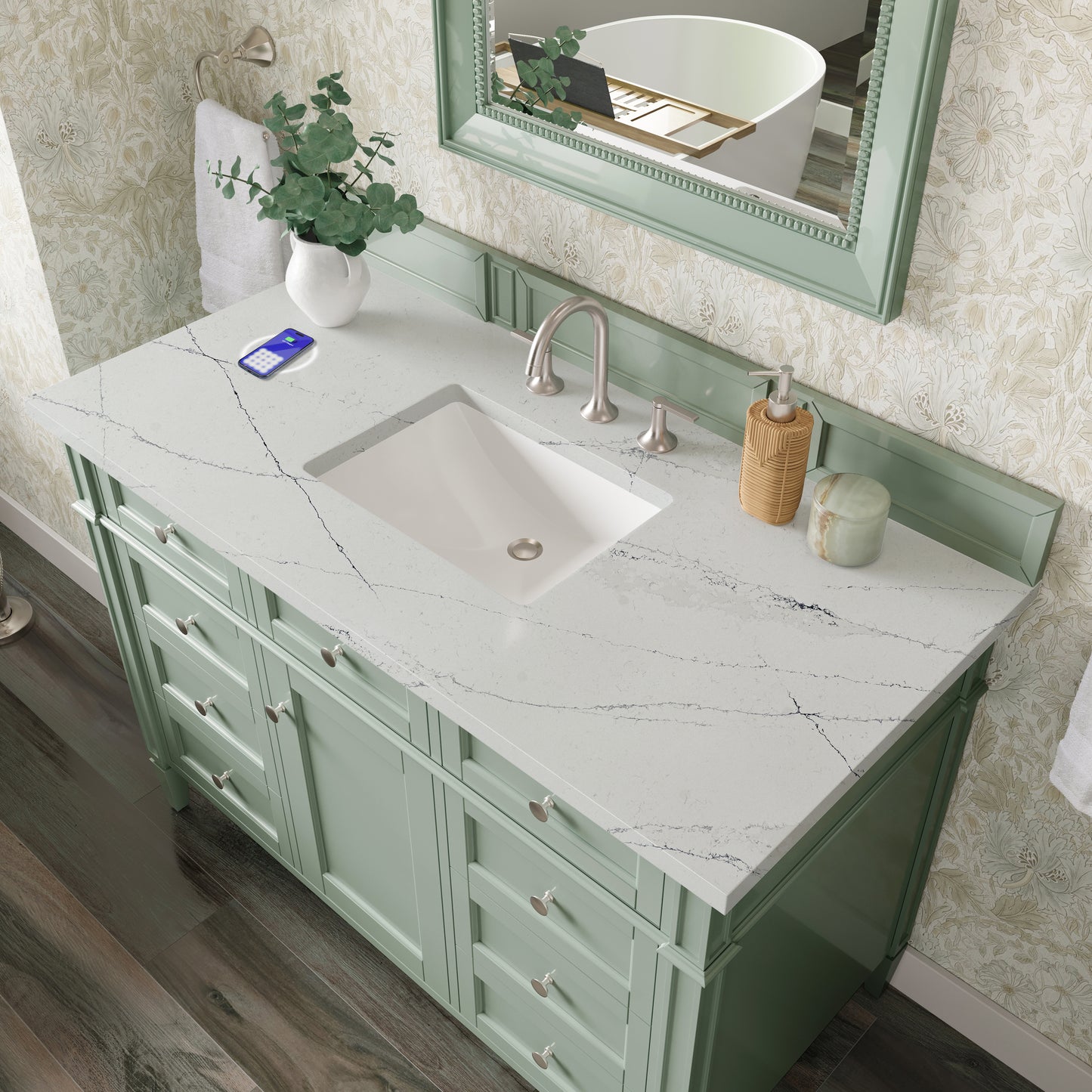 James Martin Vanities Brittany 48" Sage Green Single Vanity With 3 cm Ethereal Noctis Silestone Top and FreePower Wireless Charger