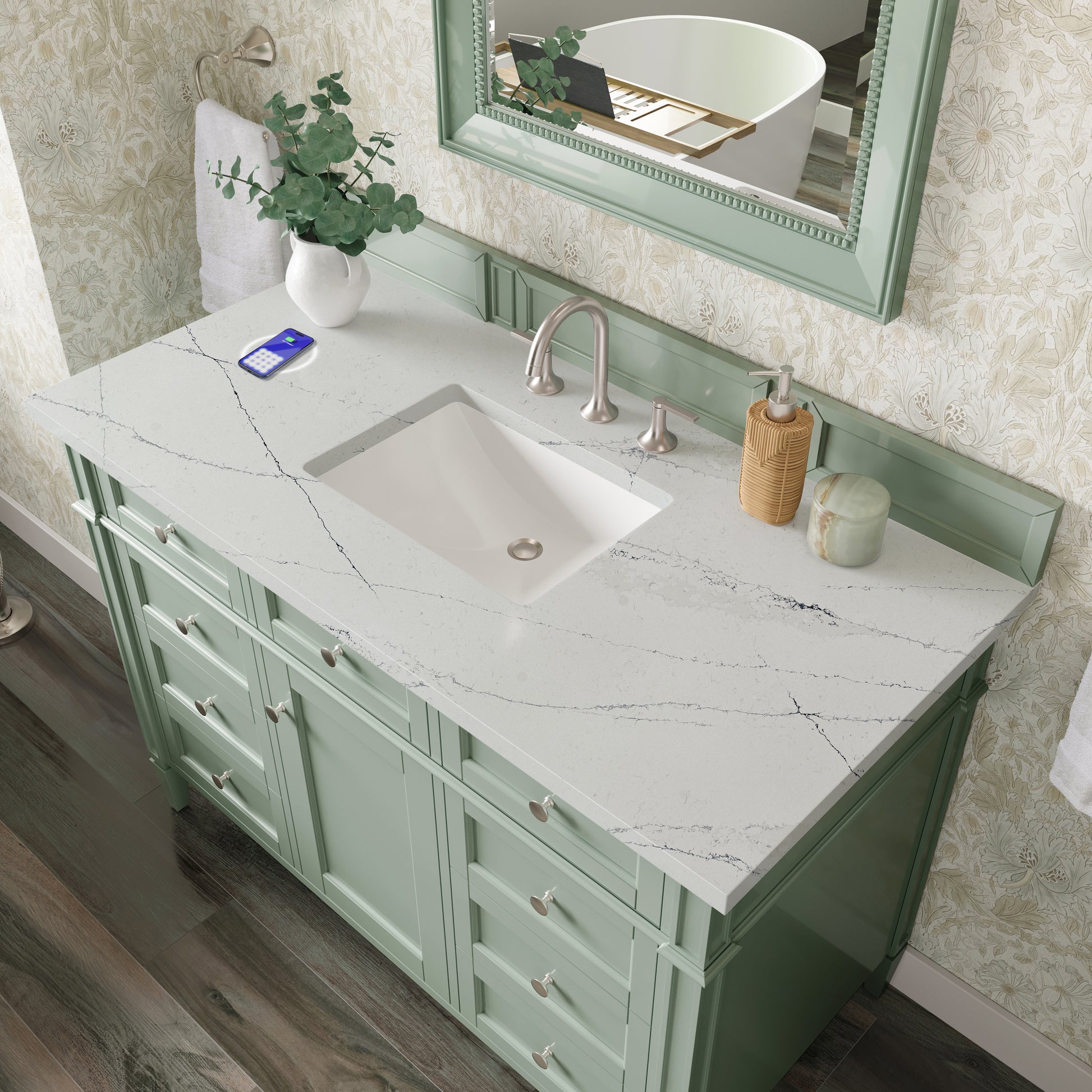 James Martin Vanities Brittany 48" Sage Green Single Vanity With 3 cm Ethereal Noctis Silestone Top and FreePower Wireless Charger