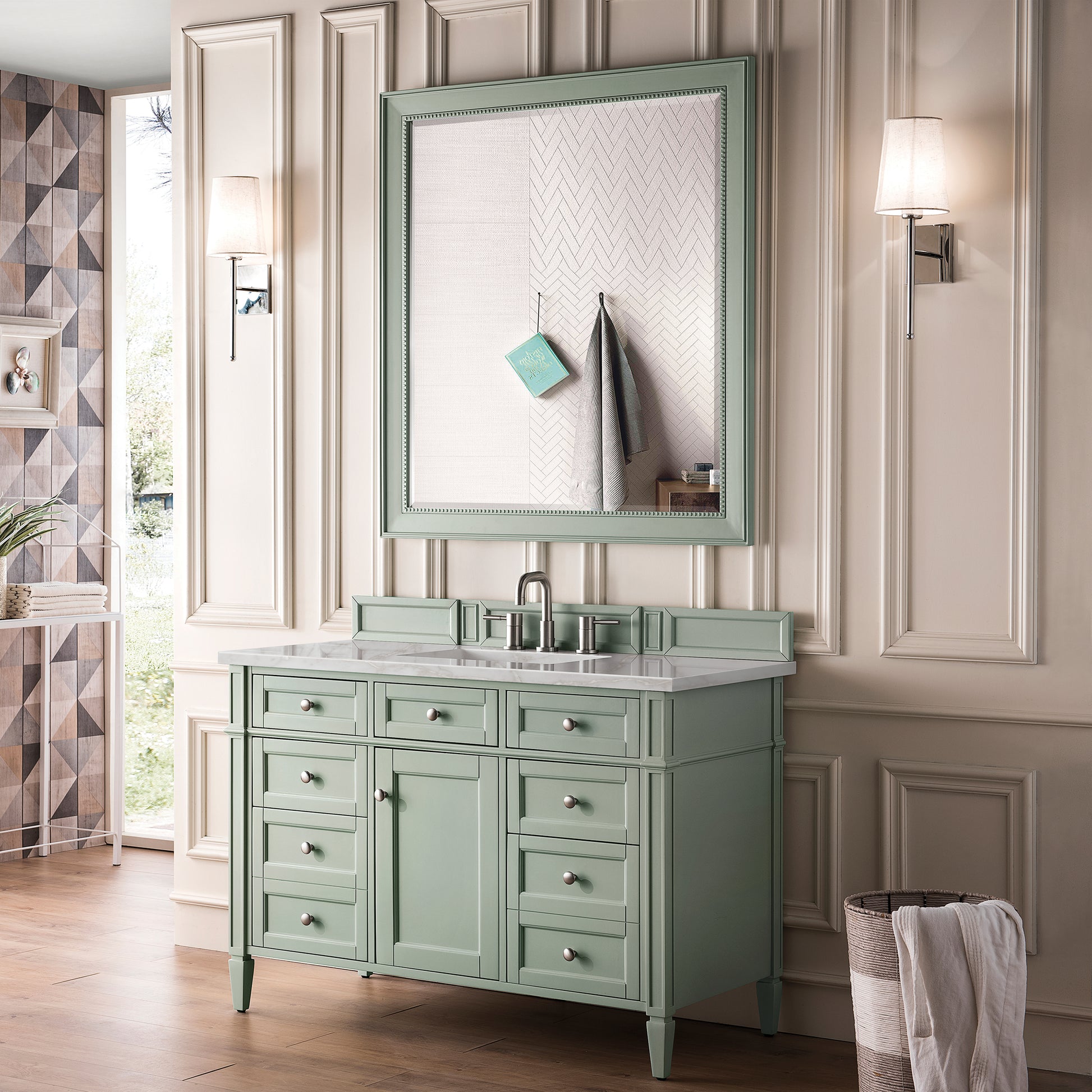 James Martin Vanities Brittany 48" Sage Green Single Vanity With 3 cm Victorian Silver Silestone Top and FreePower Wireless Charger