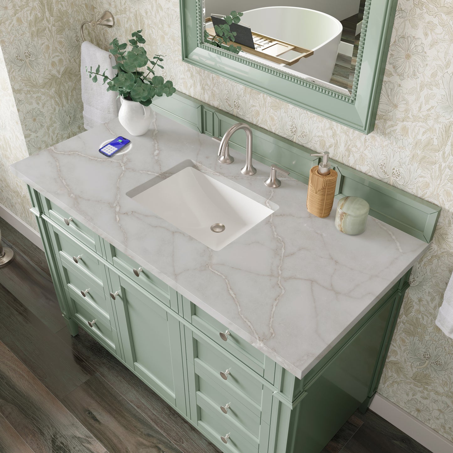 James Martin Vanities Brittany 48" Sage Green Single Vanity With 3 cm Victorian Silver Silestone Top and FreePower Wireless Charger