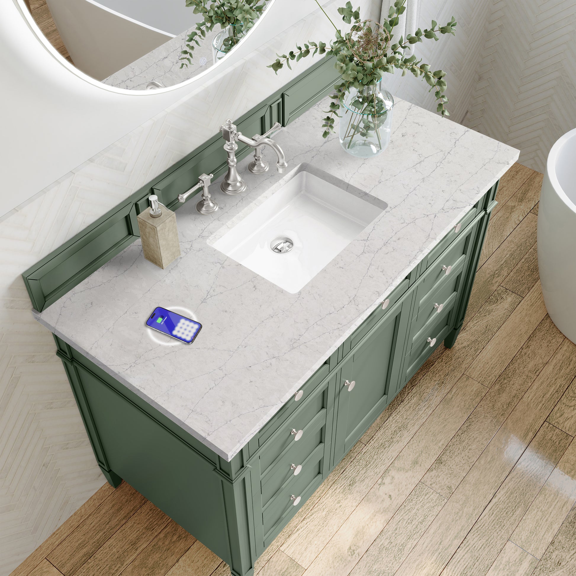 James Martin Vanities Brittany 48" Smokey Celadon Single Vanity With 3 cm Eternal Jasmine Pearl Top and FreePower Wireless Charger