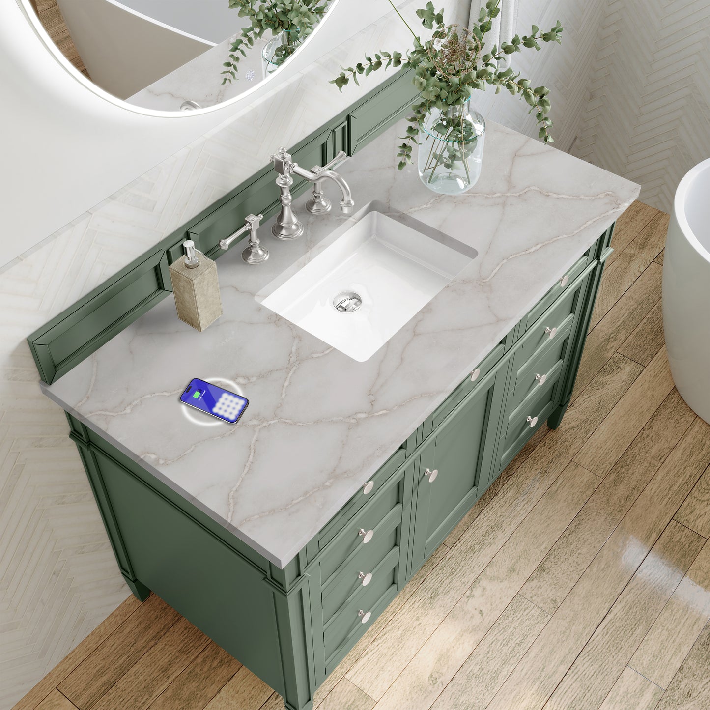 James Martin Vanities Brittany 48" Smokey Celadon Single Vanity With 3 cm Victorian Silver Top and FreePower Wireless Charger