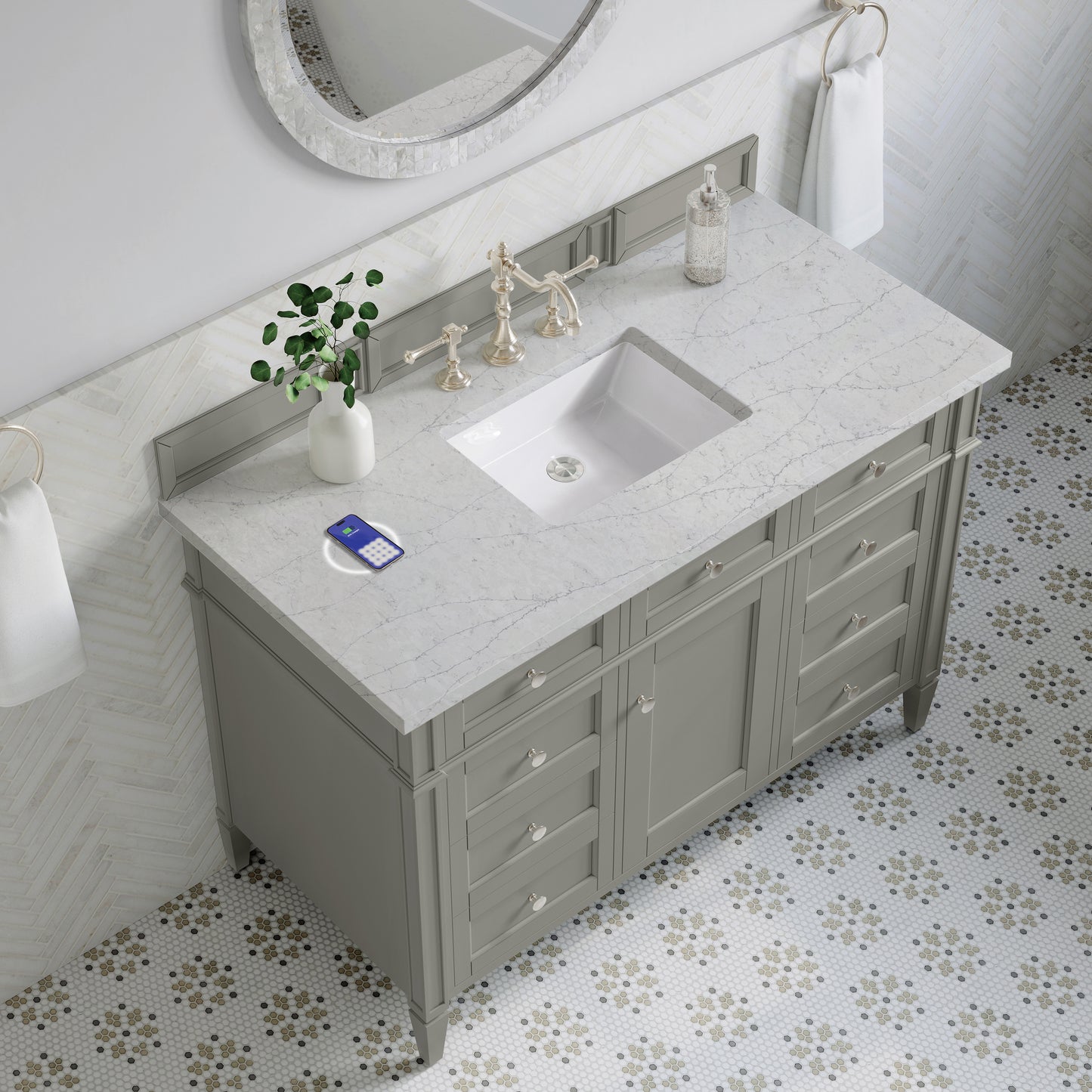 James Martin Vanities Brittany 48" Urban Gray Single Vanity With 3 cm Eternal Jasmine Pearl Silestone Top and FreePower Wireless Charger