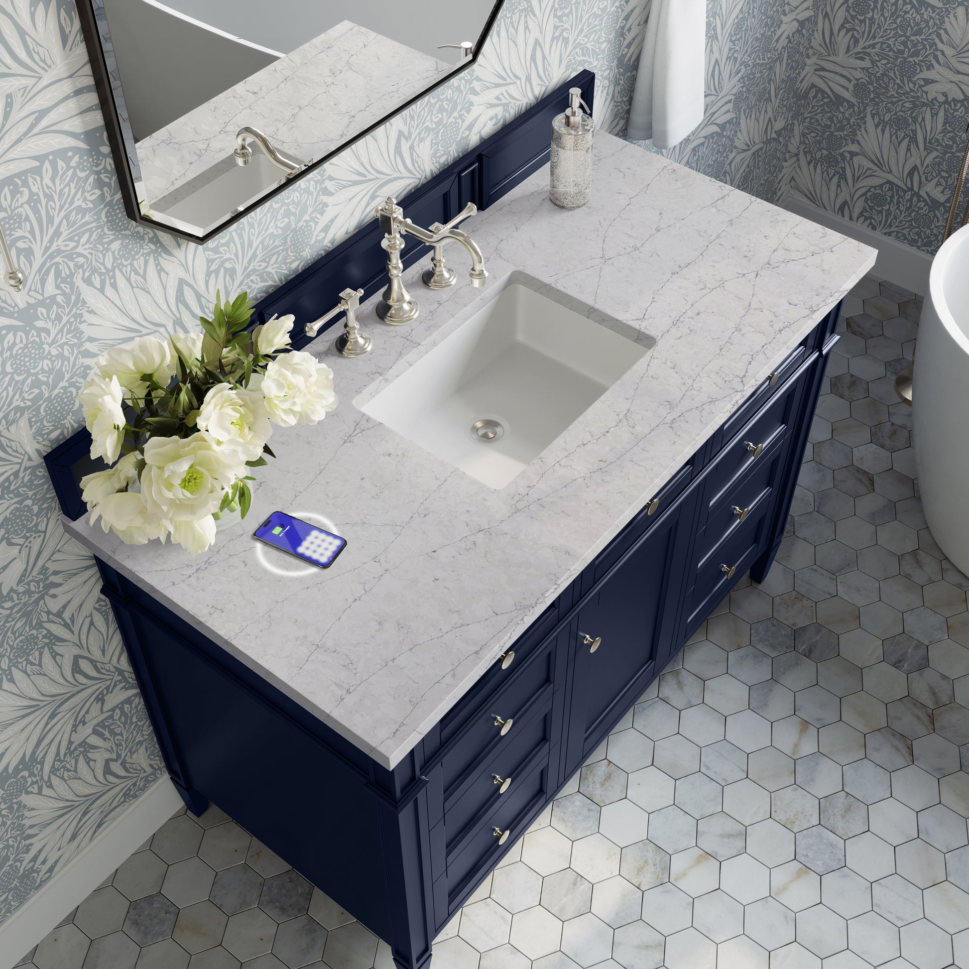 James Martin Vanities Brittany 48" Victory Blue Single Vanity With 3 cm Eternal Jasmine Pearl Silestone Top and FreePower Wireless Charger