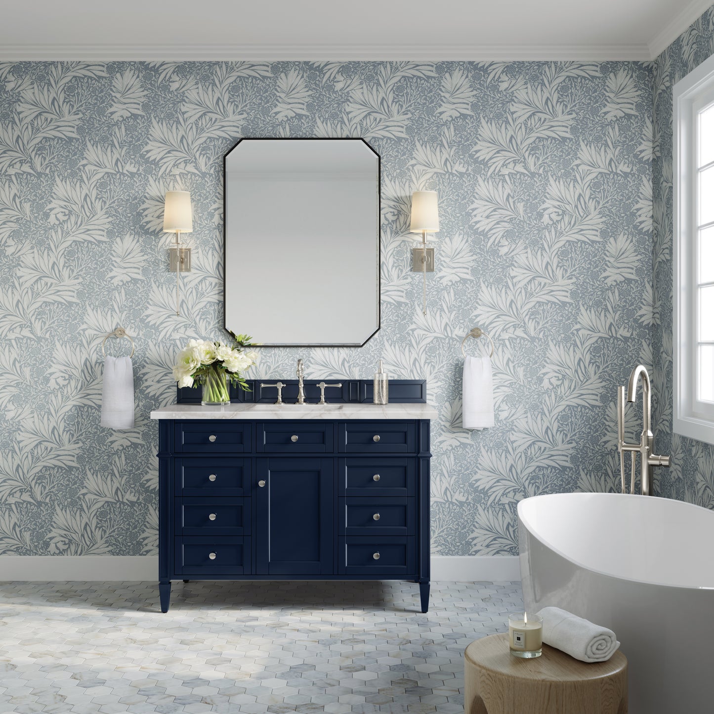 James Martin Vanities Brittany 48" Victory Blue Single Vanity With 3 cm Victorian Silver Silestone Top and FreePower Wireless Charger