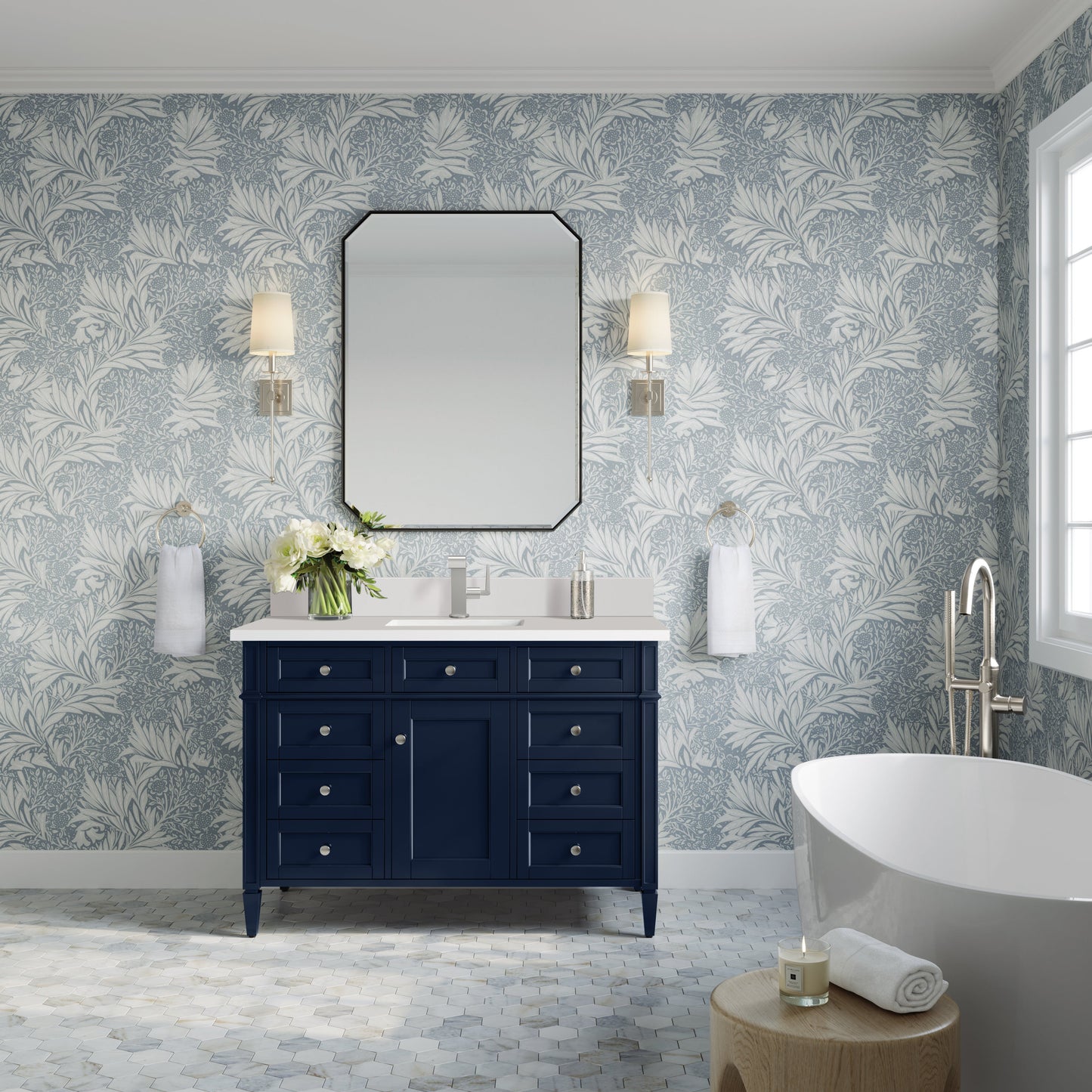 James Martin Vanities Brittany 48" Victory Blue Single Vanity With Single Hole 3 cm White Zeus Quartz Top & Backsplash