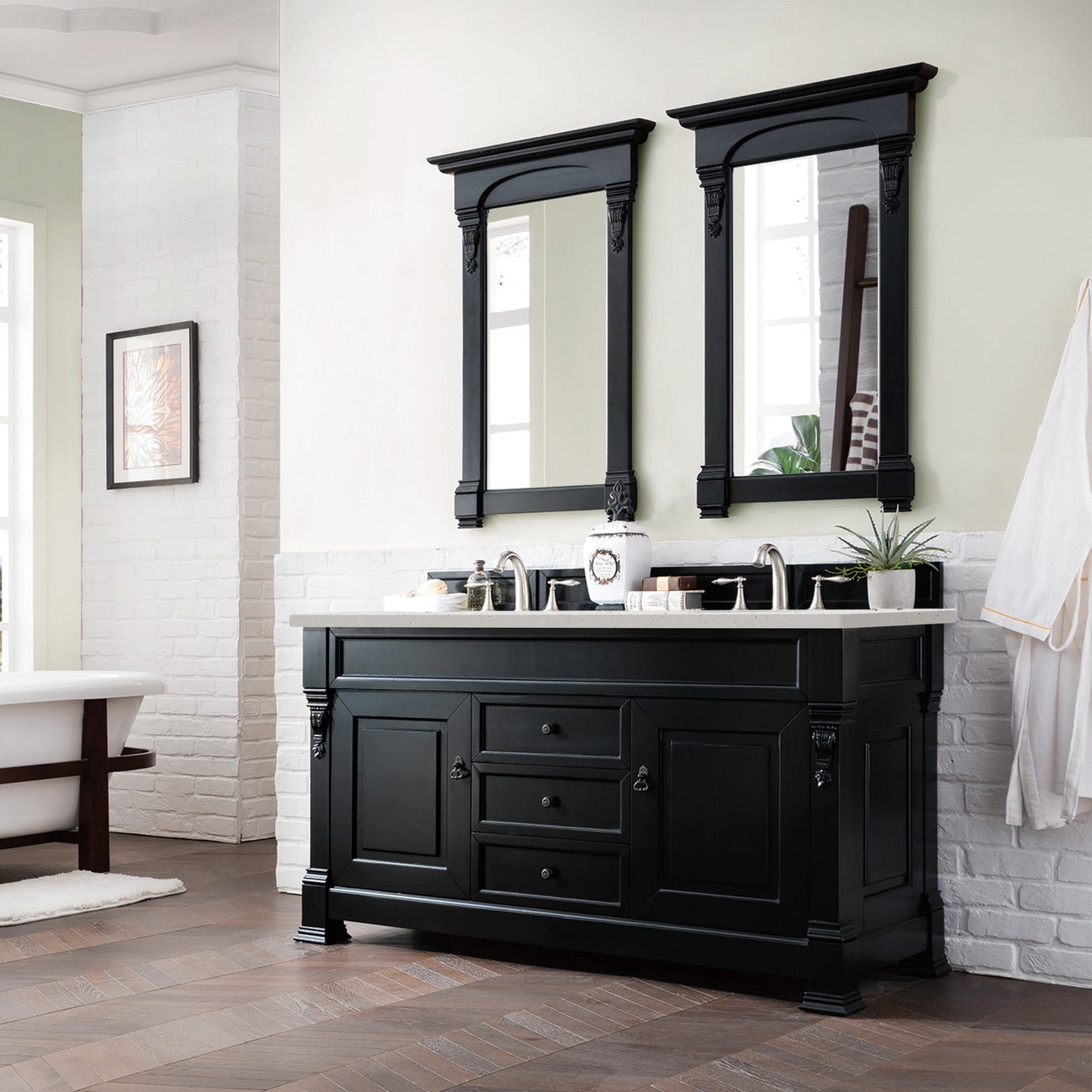 James Martin Vanities Brittany 60" Antique Black Double Vanity With 3 cm Lime Delight Quartz Top