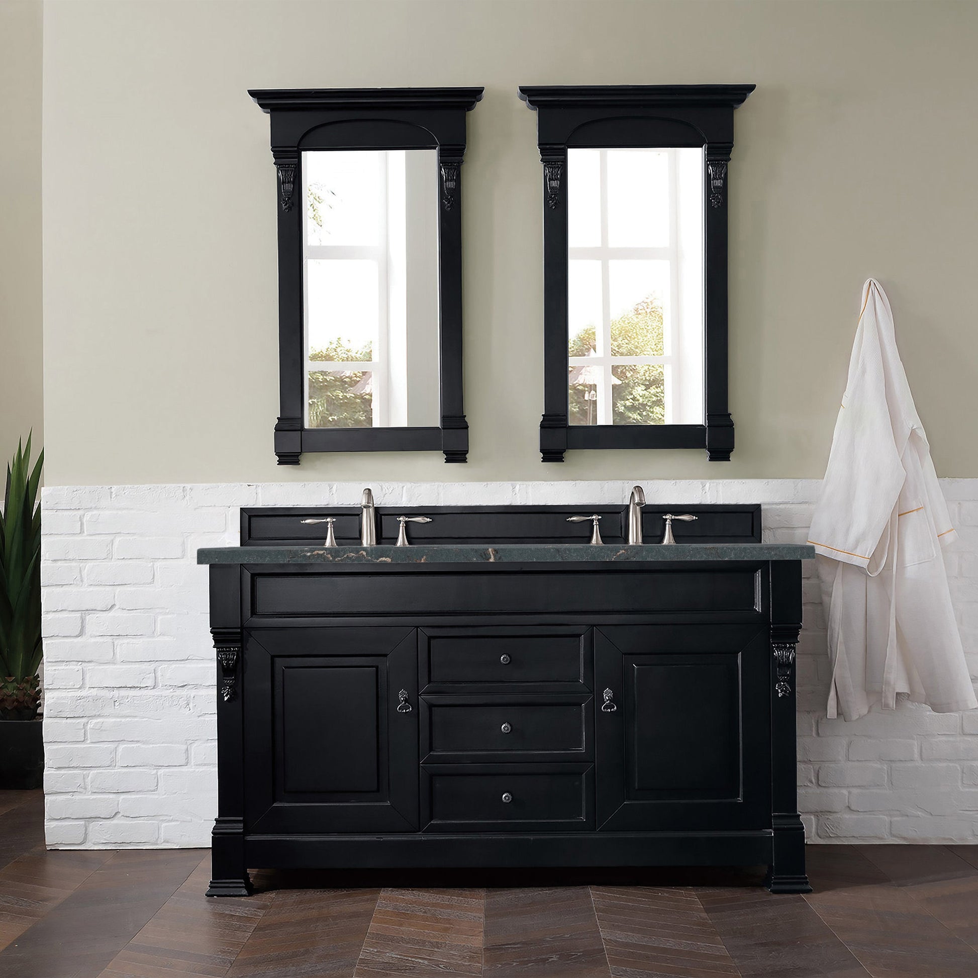 James Martin Vanities Brittany 60" Antique Black Double Vanity With 3 cm Parisien Bleu Quartz Top