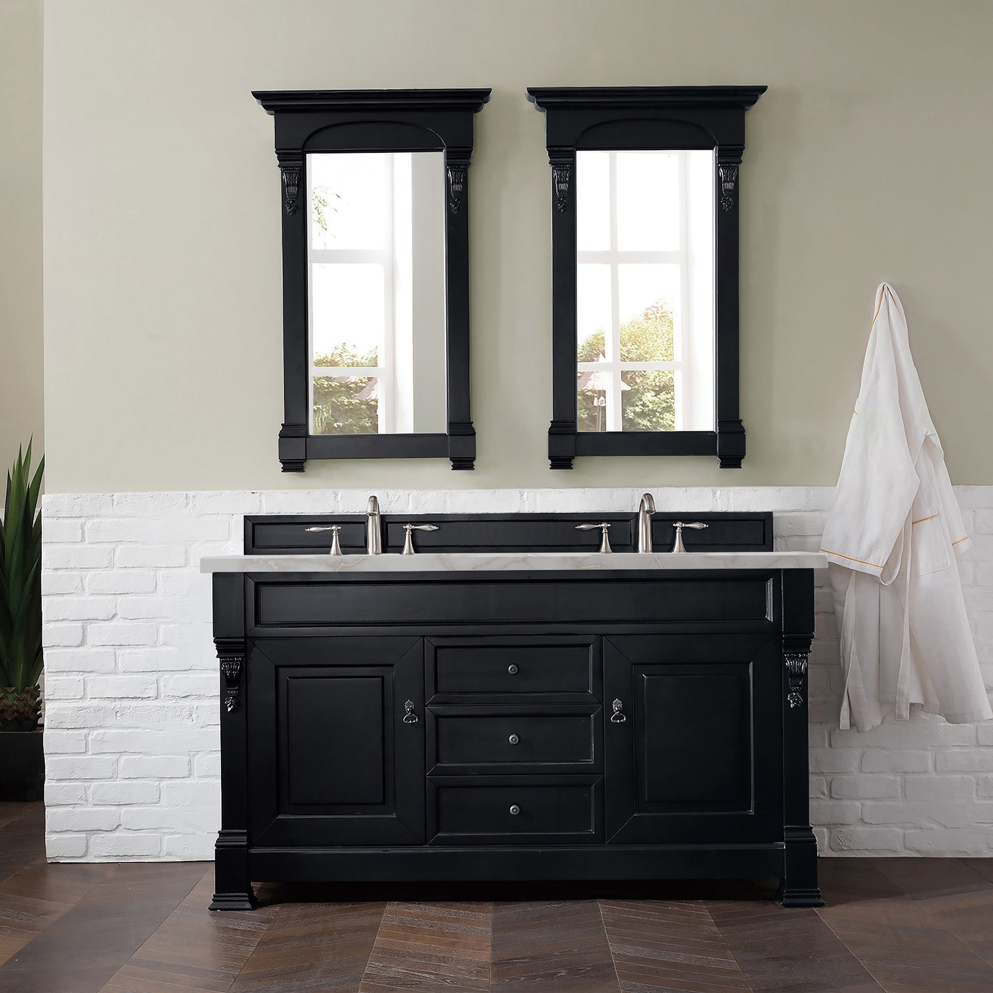 James Martin Vanities Brittany 60" Antique Black Double Vanity With 3 cm Victorian Silver Quartz Top