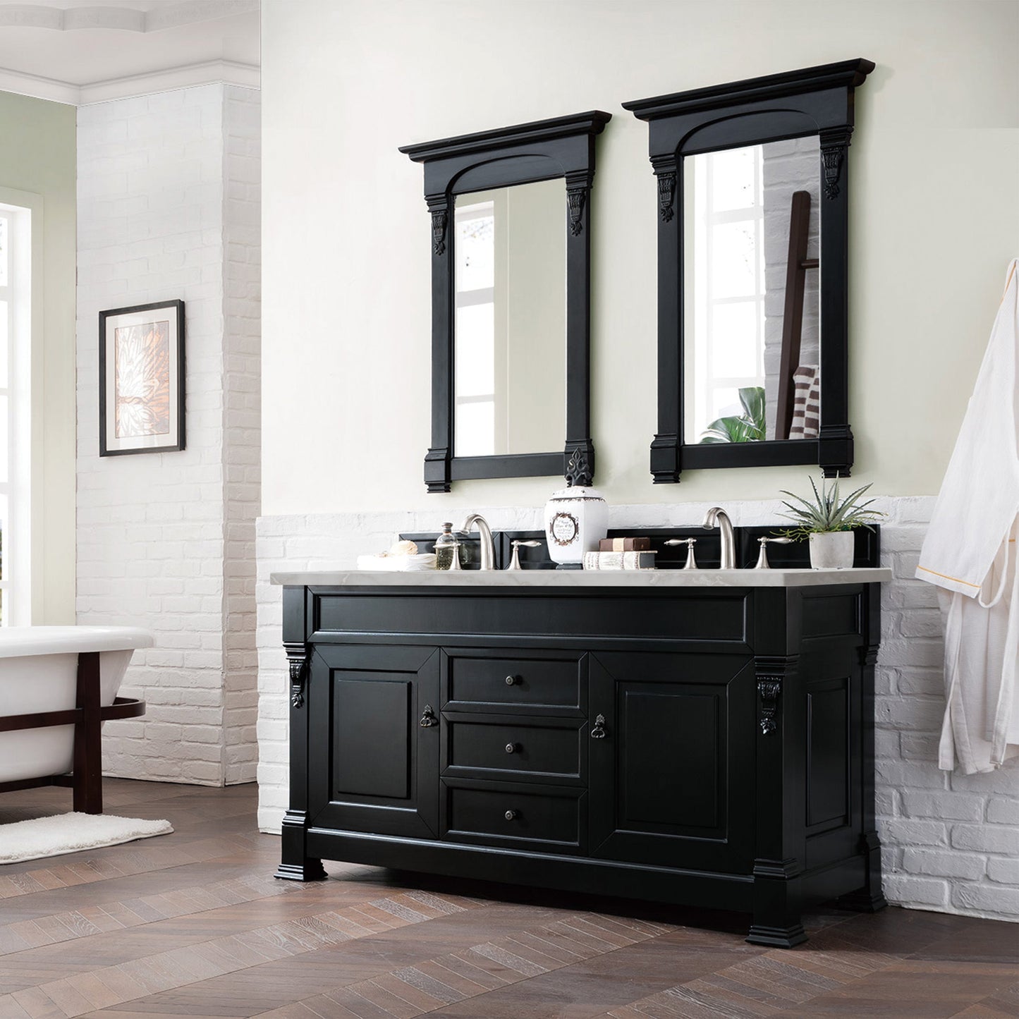 James Martin Vanities Brittany 60" Antique Black Double Vanity With 3 cm Victorian Silver Quartz Top