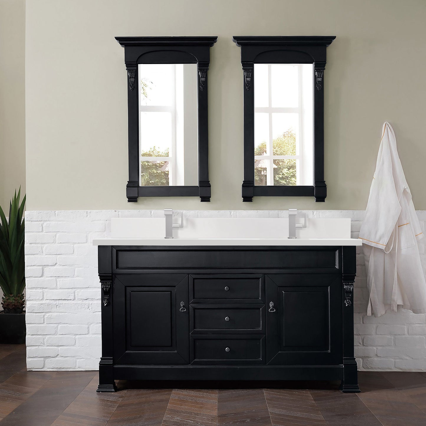 James Martin Vanities Brittany 60" Antique Black Double Vanity With Single Hole 3 cm White Zeus Quartz Top & Backsplash