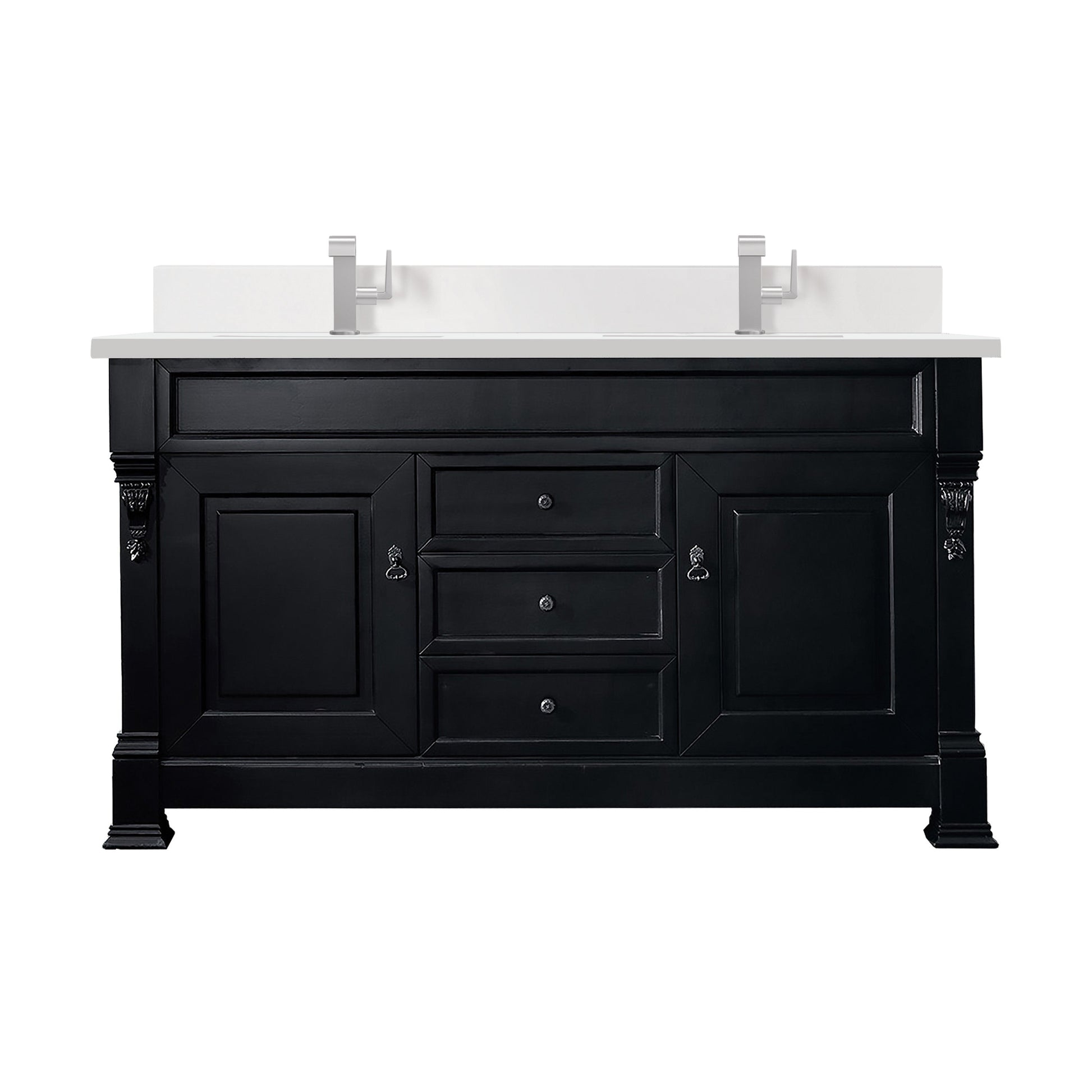 James Martin Vanities Brittany 60" Antique Black Double Vanity With Single Hole 3 cm White Zeus Quartz Top & Backsplash