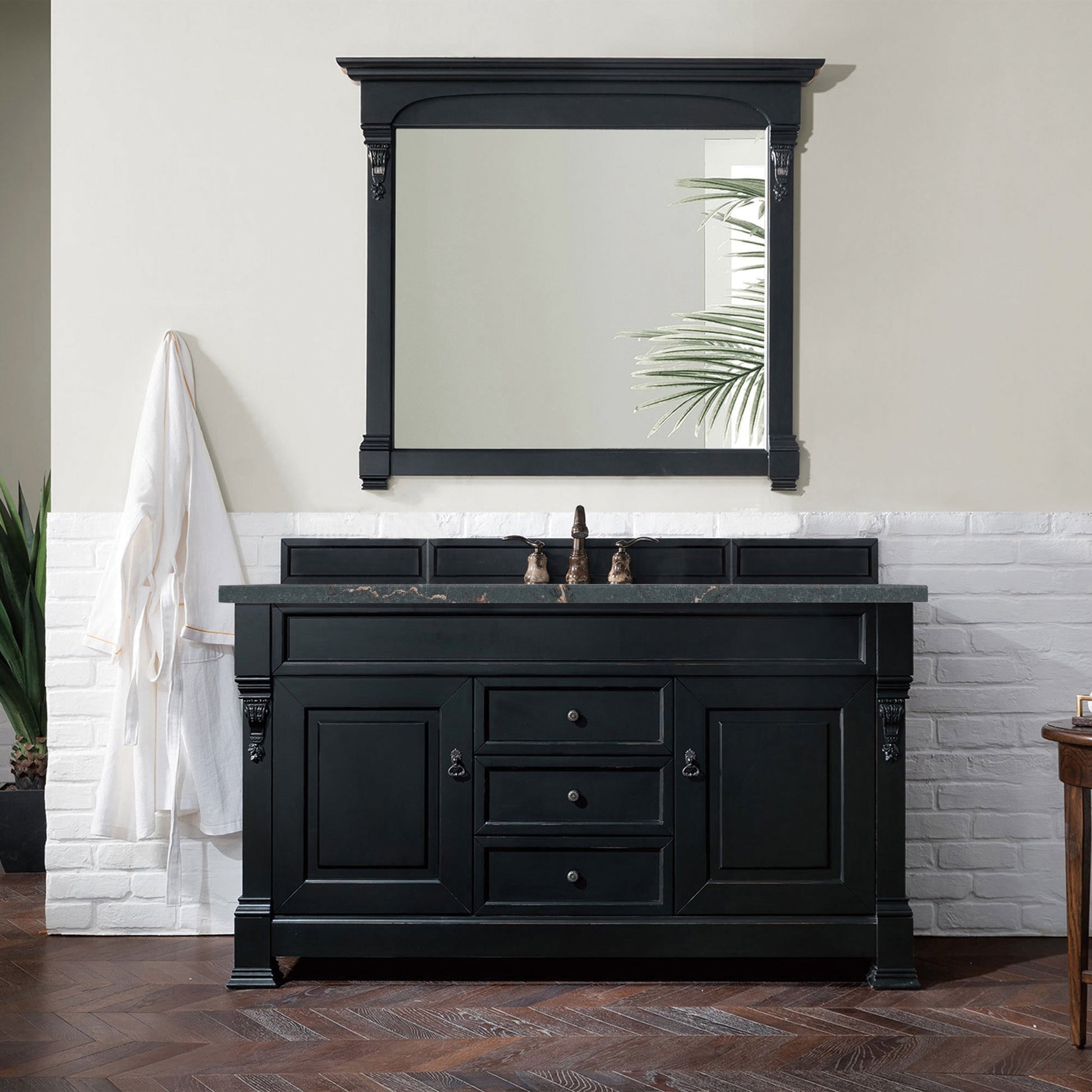 James Martin Vanities Brittany 60" Antique Black Single Vanity With 3 cm Parisien Bleu Quartz Top