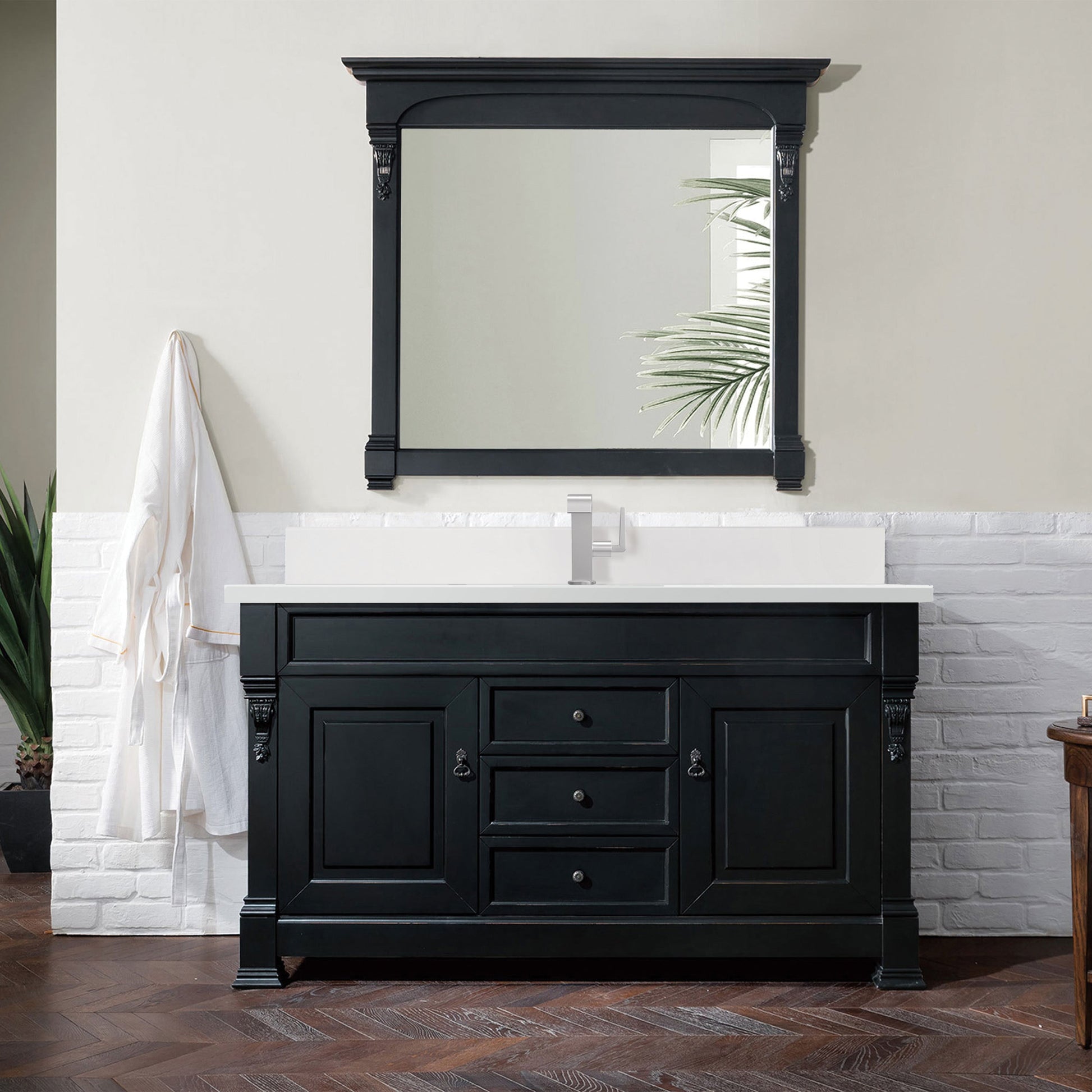 James Martin Vanities Brittany 60" Antique Black Single Vanity With Single Hole 3 cm White Zeus Quartz Top & Backsplash