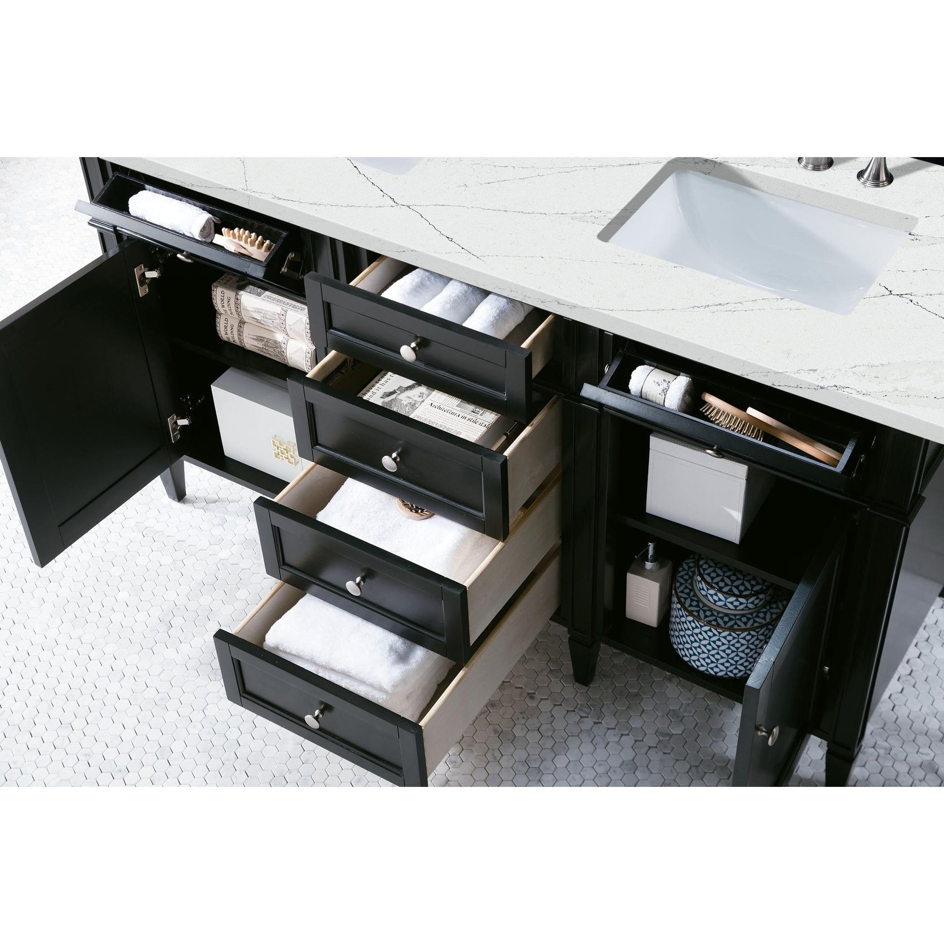 James Martin Vanities Brittany 60" Black Onyx Double Vanity With 3 cm Ethereal Noctis Silestone Top and FreePower Wireless Charger