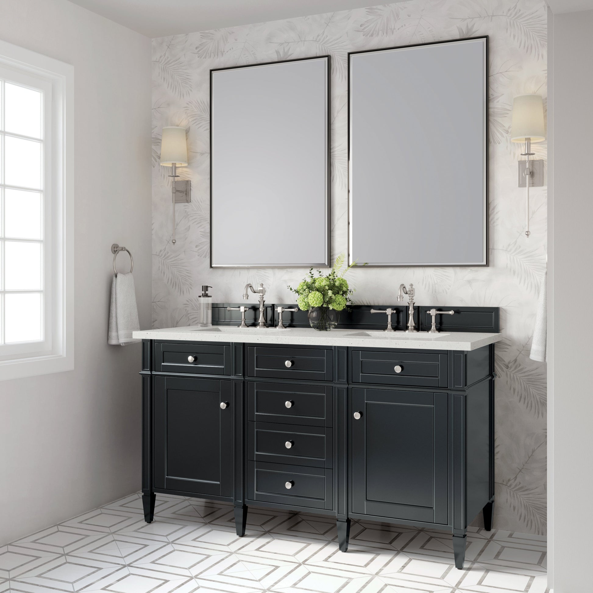 James Martin Vanities Brittany 60" Black Onyx Double Vanity With 3 cm Lime Delight Quartz Top