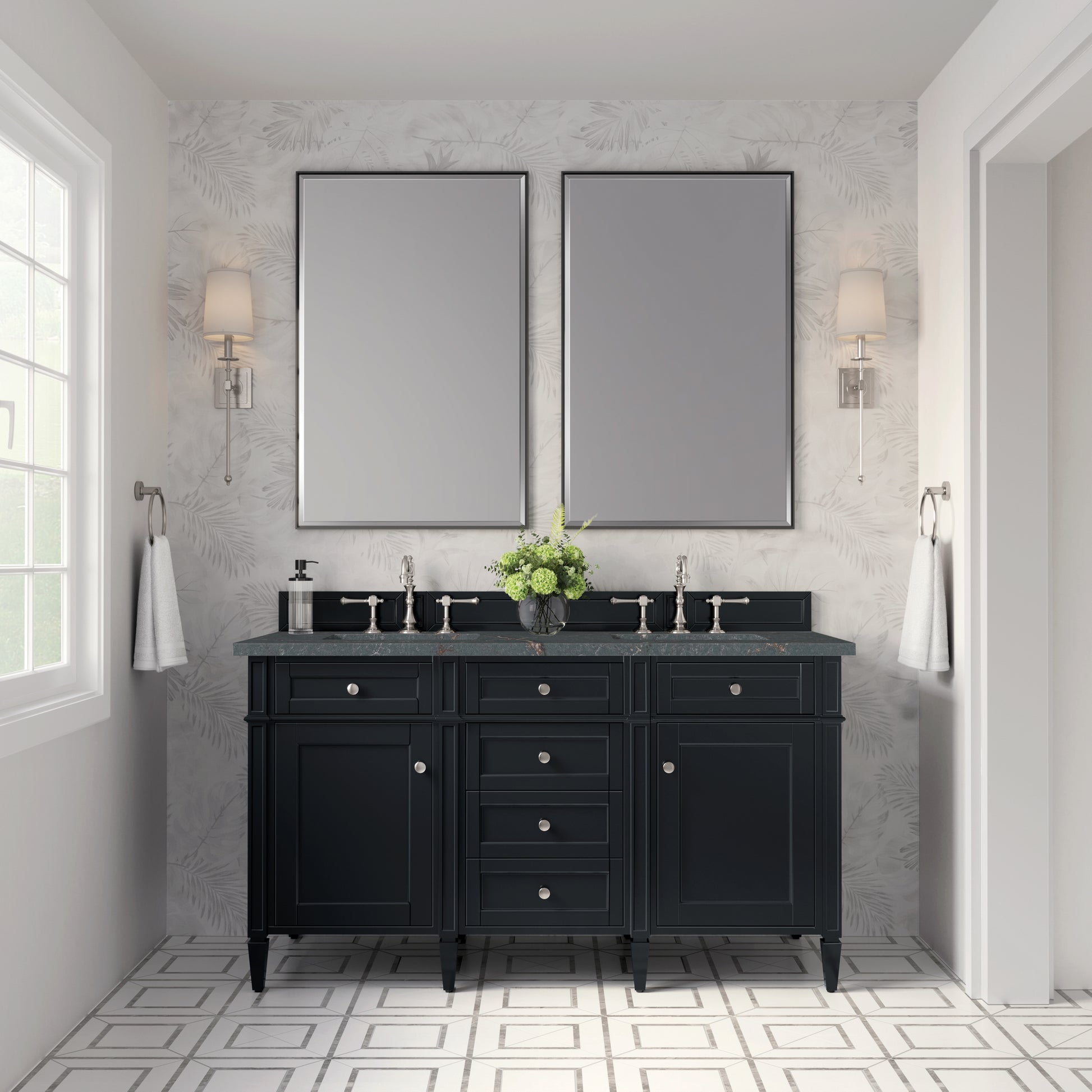 James Martin Vanities Brittany 60" Black Onyx Double Vanity With 3 cm Parisien Bleu Silestone Top and FreePower Wireless Charger