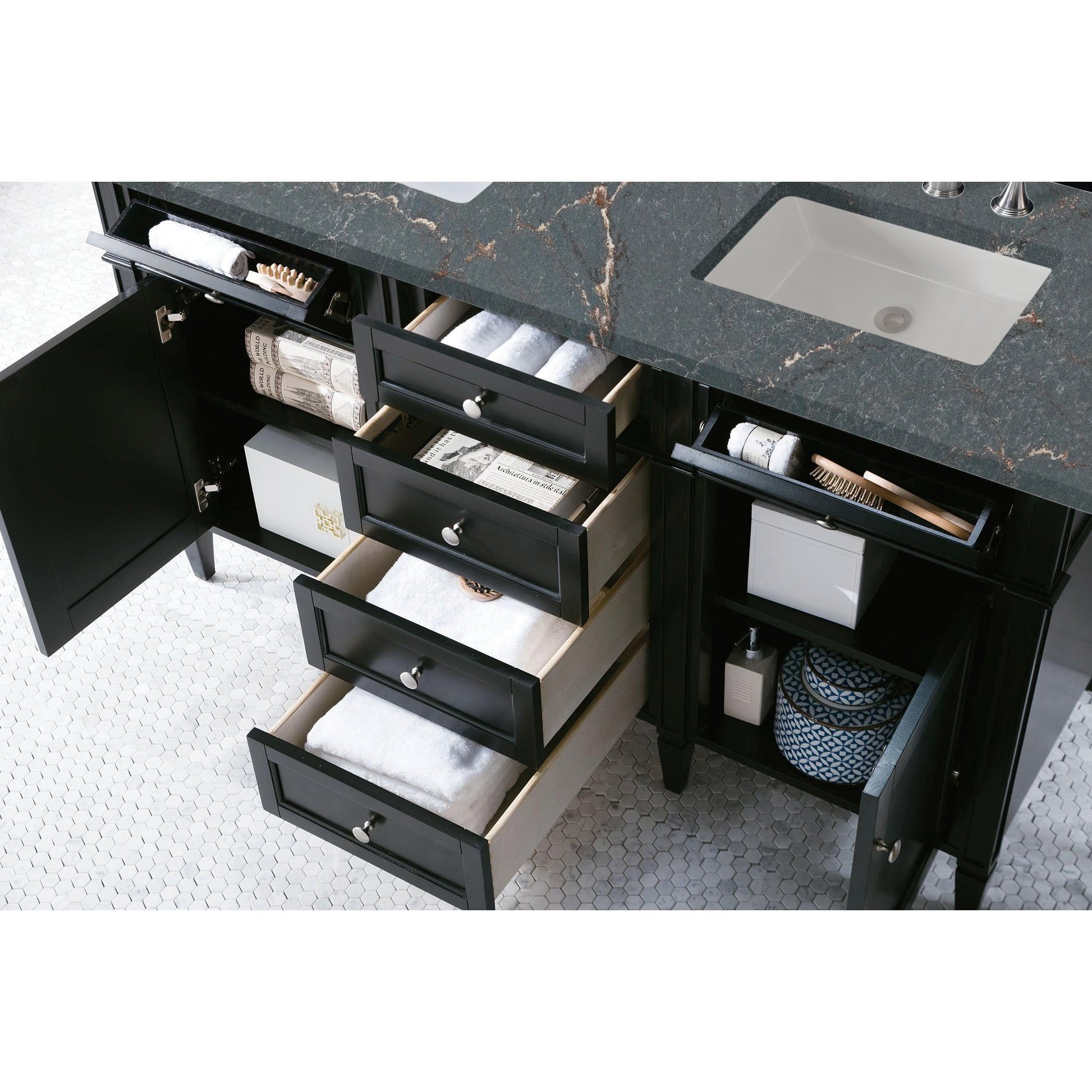 James Martin Vanities Brittany 60" Black Onyx Double Vanity With 3 cm Parisien Bleu Silestone Top and FreePower Wireless Charger