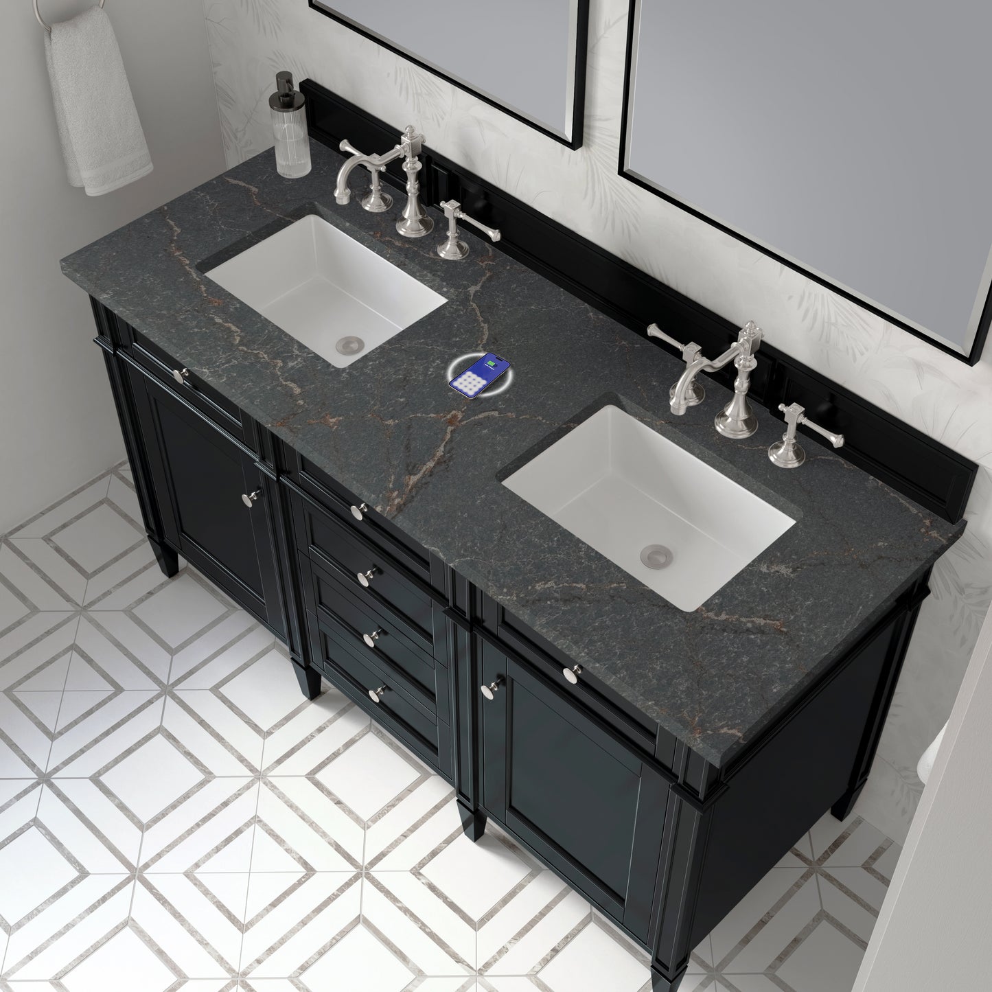 James Martin Vanities Brittany 60" Black Onyx Double Vanity With 3 cm Parisien Bleu Silestone Top and FreePower Wireless Charger