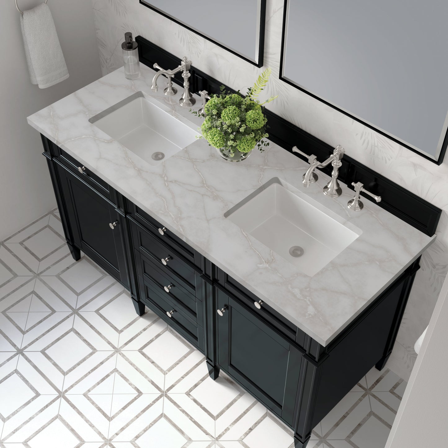 James Martin Vanities Brittany 60" Black Onyx Double Vanity With 3 cm Victorian Silver Quartz Top