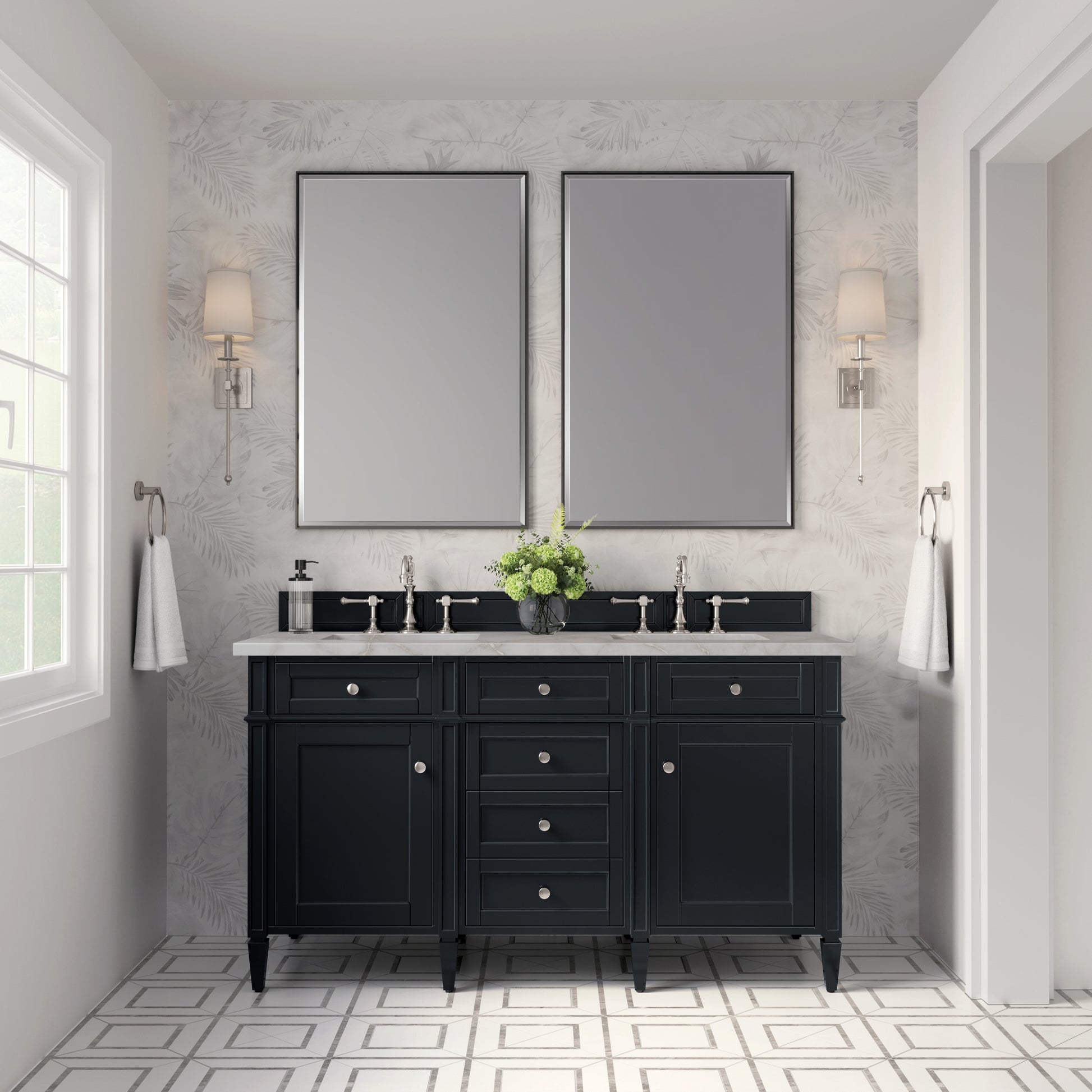 James Martin Vanities Brittany 60" Black Onyx Double Vanity With 3 cm Victorian Silver Silestone Top and FreePower Wireless Charger