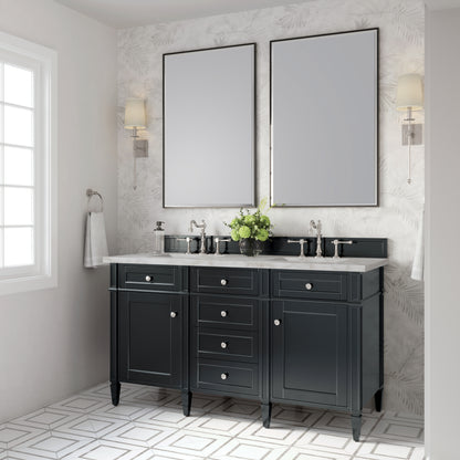 James Martin Vanities Brittany 60" Black Onyx Double Vanity With 3 cm Victorian Silver Silestone Top and FreePower Wireless Charger