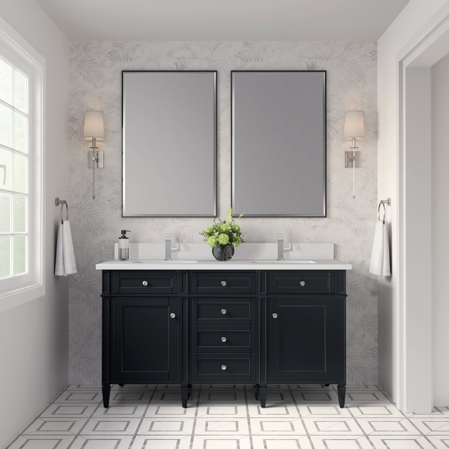 James Martin Vanities Brittany 60" Black Onyx Double Vanity With Single Hole 3 cm White Zeus Quartz Top & Backsplash