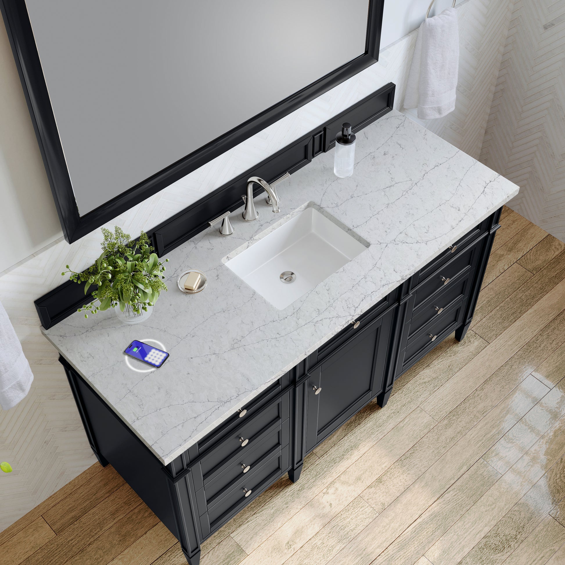 James Martin Vanities Brittany 60" Black Onyx Single Vanity With 3 cm Eternal Jasmine Pearl Silestone Top and FreePower Wireless Charger