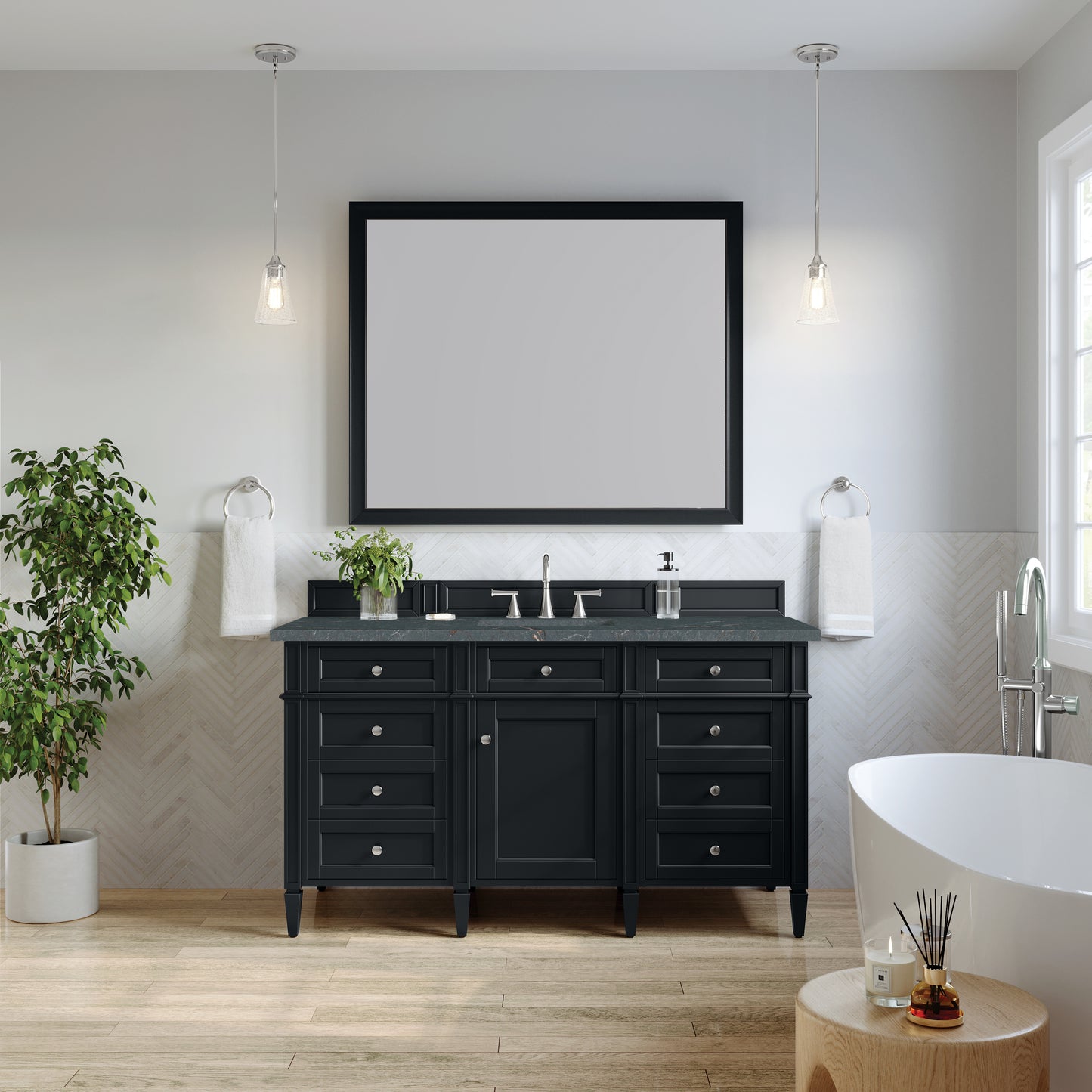James Martin Vanities Brittany 60" Black Onyx Single Vanity With 3 cm Parisien Bleu Silestone Top and FreePower Wireless Charger