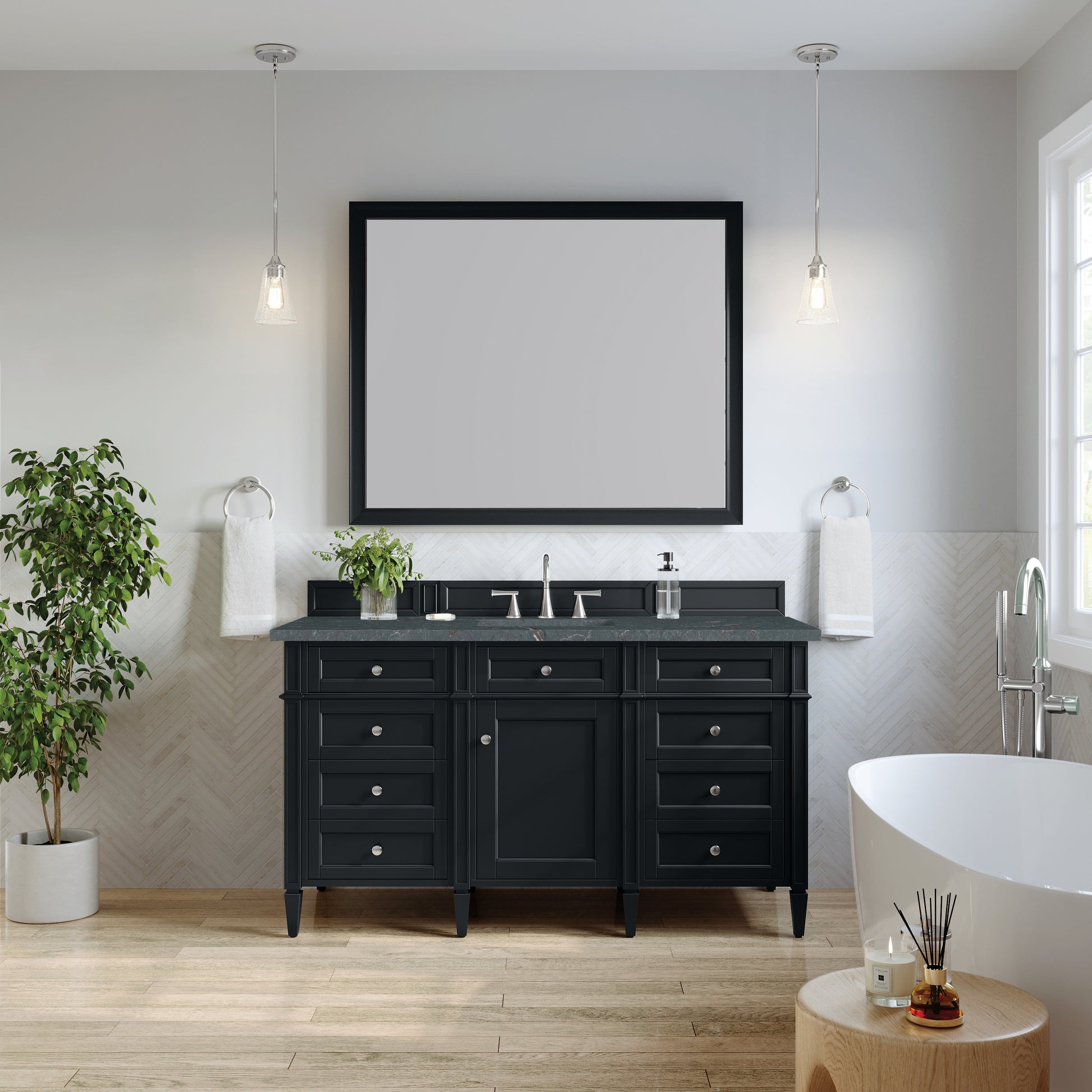 James Martin Vanities Brittany 60" Black Onyx Single Vanity With 3 cm Parisien Bleu Silestone Top and FreePower Wireless Charger