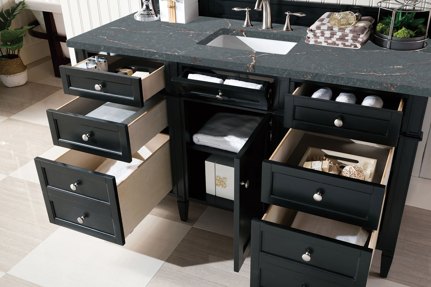 James Martin Vanities Brittany 60" Black Onyx Single Vanity With 3 cm Parisien Bleu Silestone Top and FreePower Wireless Charger