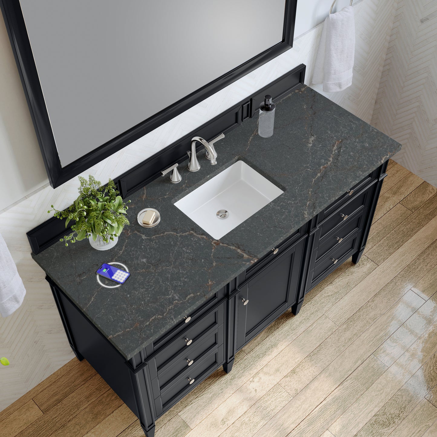 James Martin Vanities Brittany 60" Black Onyx Single Vanity With 3 cm Parisien Bleu Silestone Top and FreePower Wireless Charger