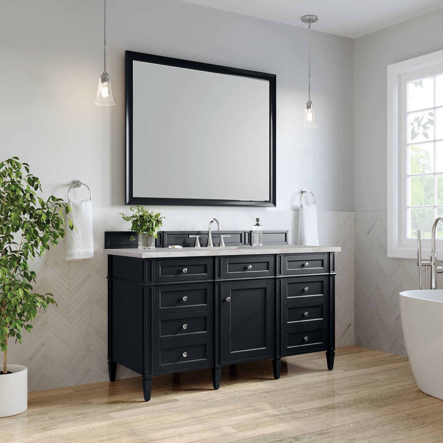 James Martin Vanities Brittany 60" Black Onyx Single Vanity With 3 cm Victorian Silver Silestone Top and FreePower Wireless Charger