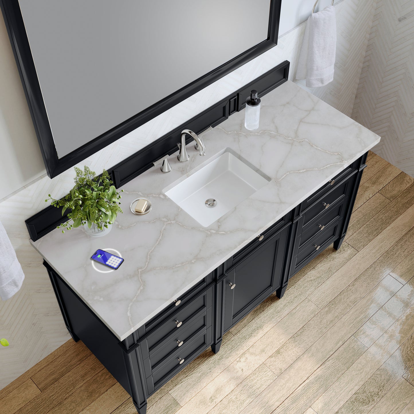 James Martin Vanities Brittany 60" Black Onyx Single Vanity With 3 cm Victorian Silver Silestone Top and FreePower Wireless Charger