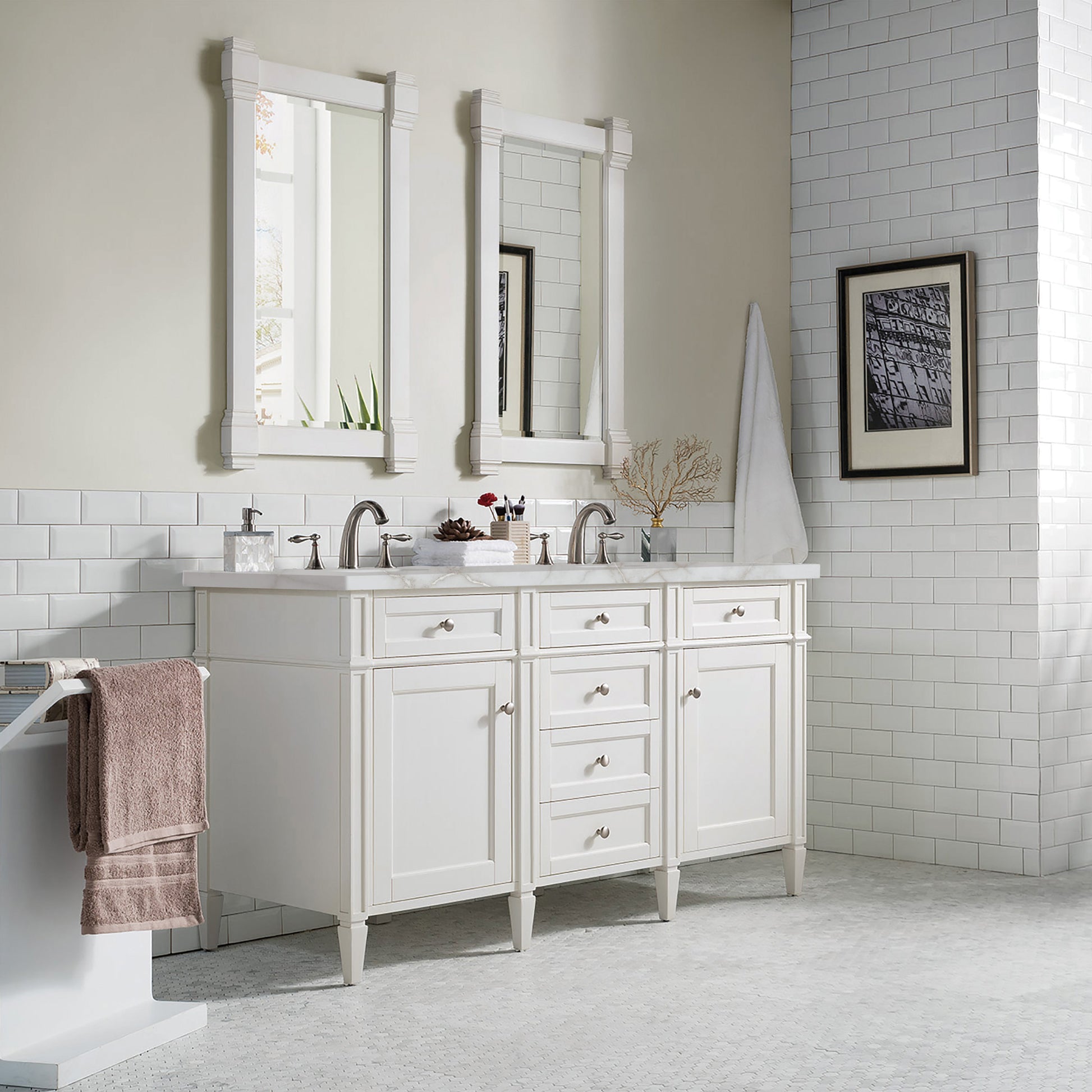 James Martin Vanities Brittany 60" Bright White Double Vanity With 3 cm Victorian Silver Quartz Top